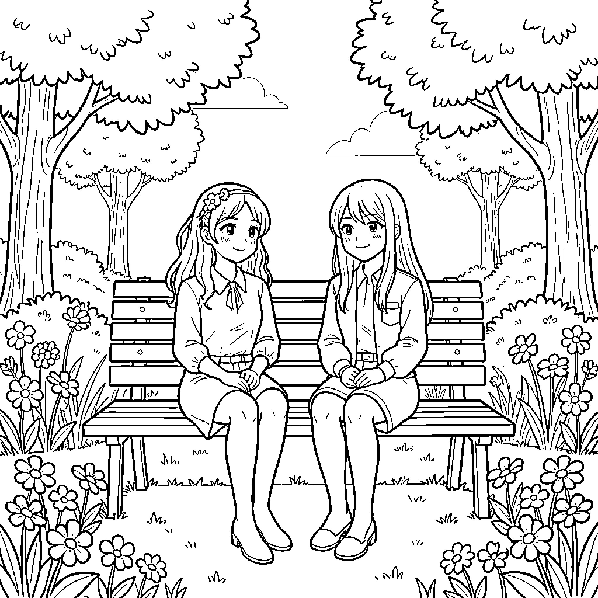 Clara Valac's Heartwarming Friendship Coloring Page (free black-and-white line drawing printable PDF for all, from beginners to advanced learners, including children, teens, adults, and seniors)