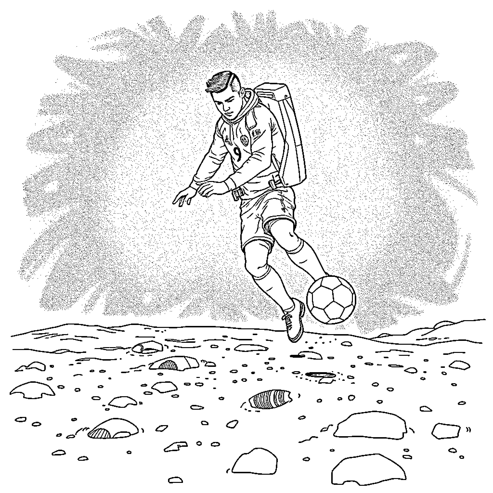Cristiano Ronaldo playing soccer on the field Coloring Page (free black-and-white line drawing printable PDF for all, from beginners to advanced learners, including children, teens, adults, and seniors)