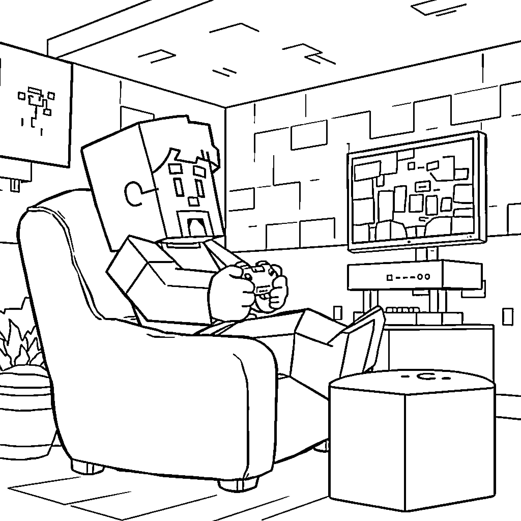 Minecraft Steve relaxing in a cozy room Coloring Page (free black-and-white line drawing printable PDF for all, from beginners to advanced learners, including children, teens, adults, and seniors)