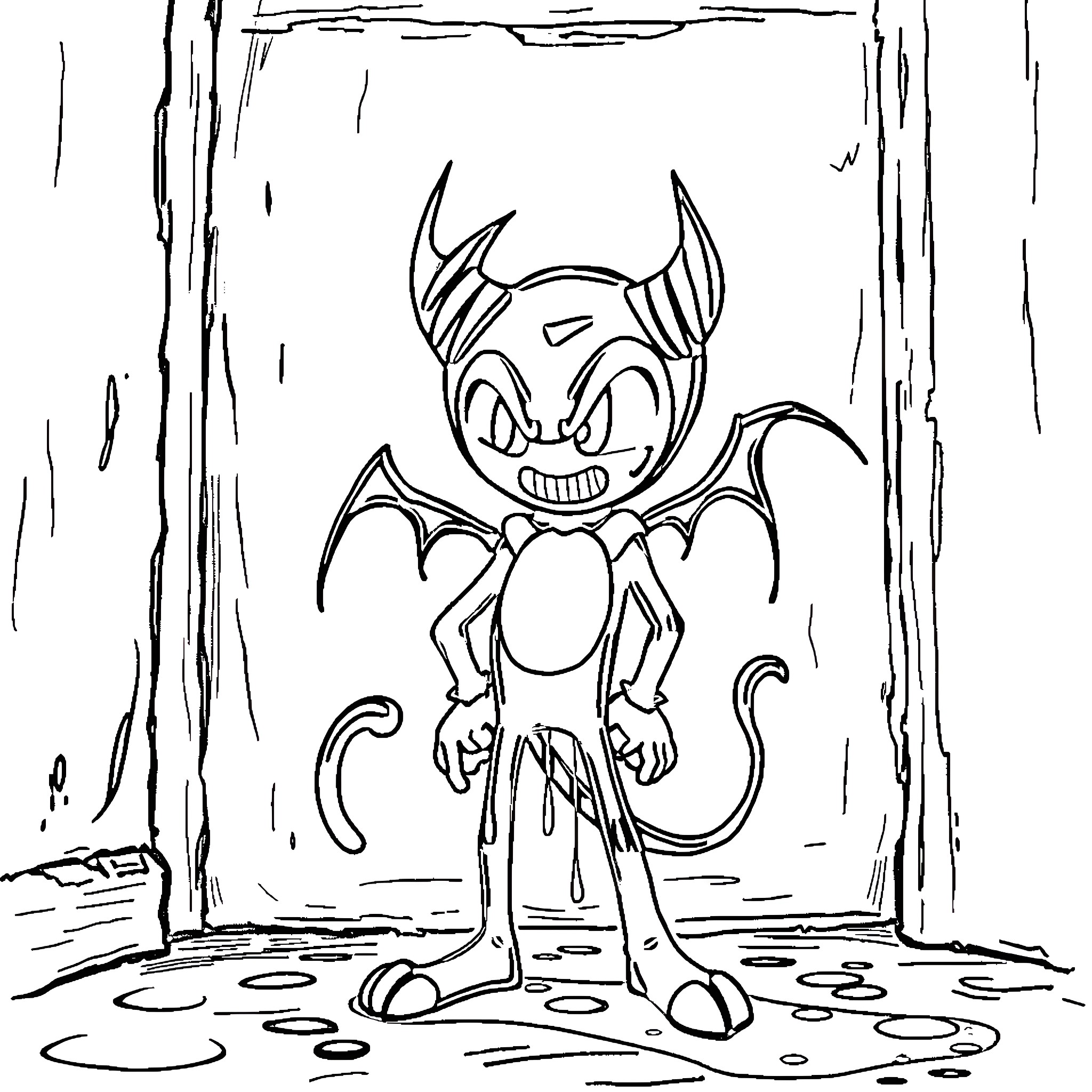 Bendy Demon's Mischievous Antics Coloring Page (free black-and-white line drawing printable PDF for all, from beginners to advanced learners, including children, teens, adults, and seniors)