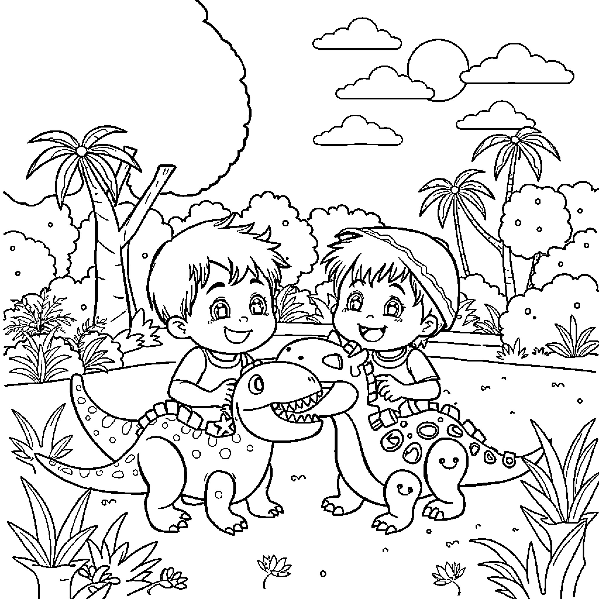 Cocomelon kids playing with dinosaur toys outdoors Coloring Page (free black-and-white line drawing printable PDF for all, from beginners to advanced learners, including children, teens, adults, and seniors)