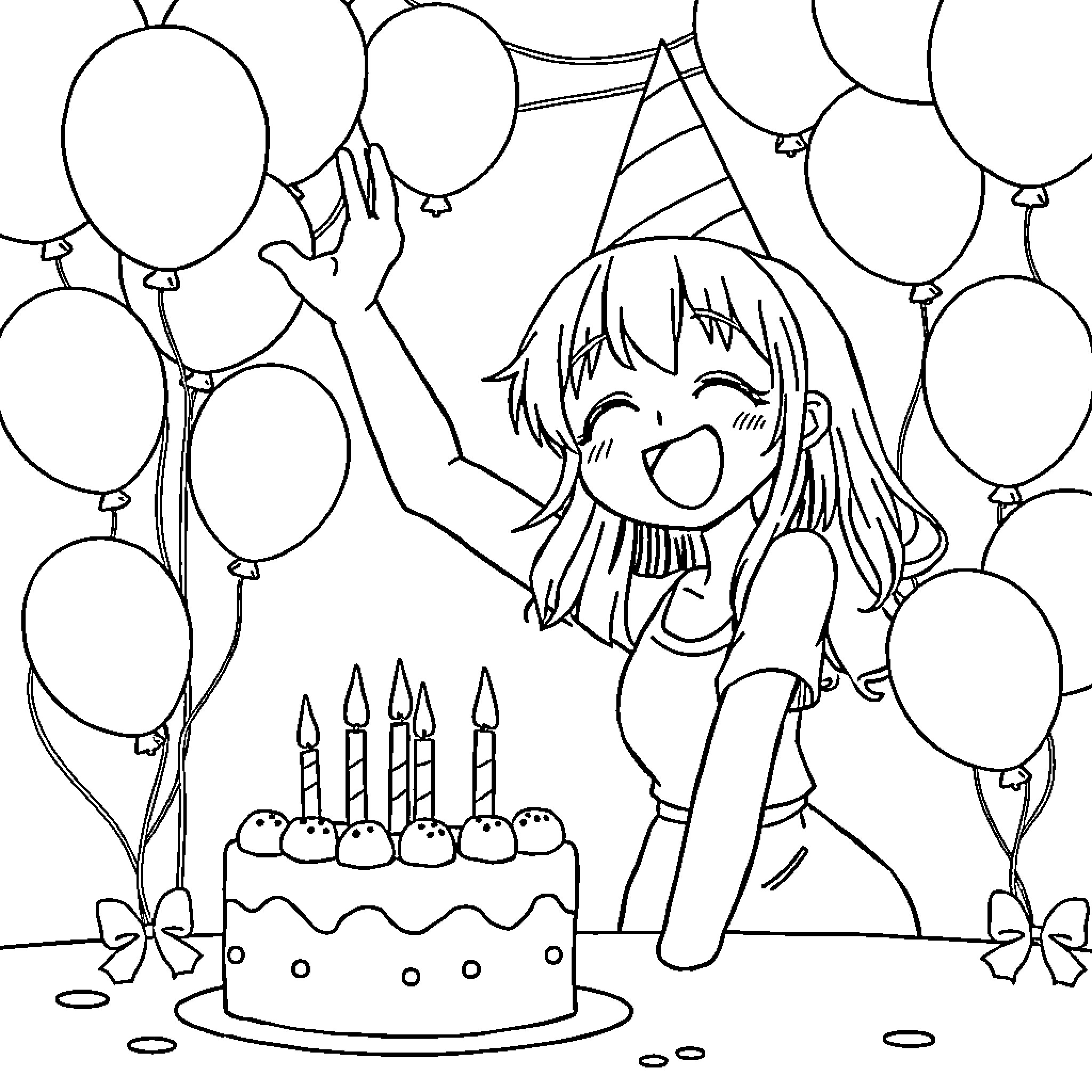 Anime Character Celebrating Birthday with Balloons and Cake Coloring Page (free black-and-white line drawing printable PDF for all, from beginners to advanced learners, including children, teens, adults, and seniors)