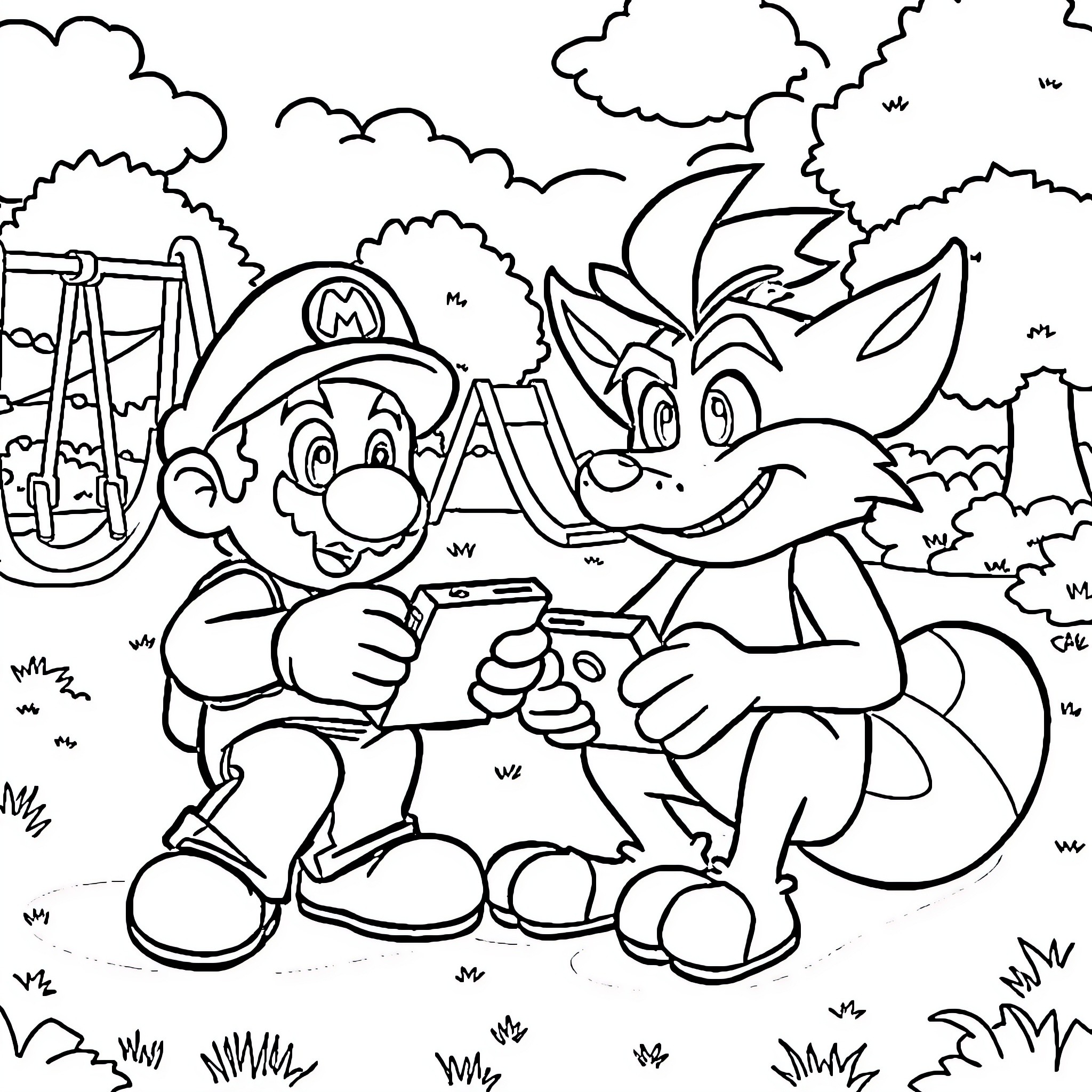 Mario and Tails playing together in the forest Coloring Page (free black-and-white line drawing printable PDF for all, from beginners to advanced learners, including children, teens, adults, and seniors)