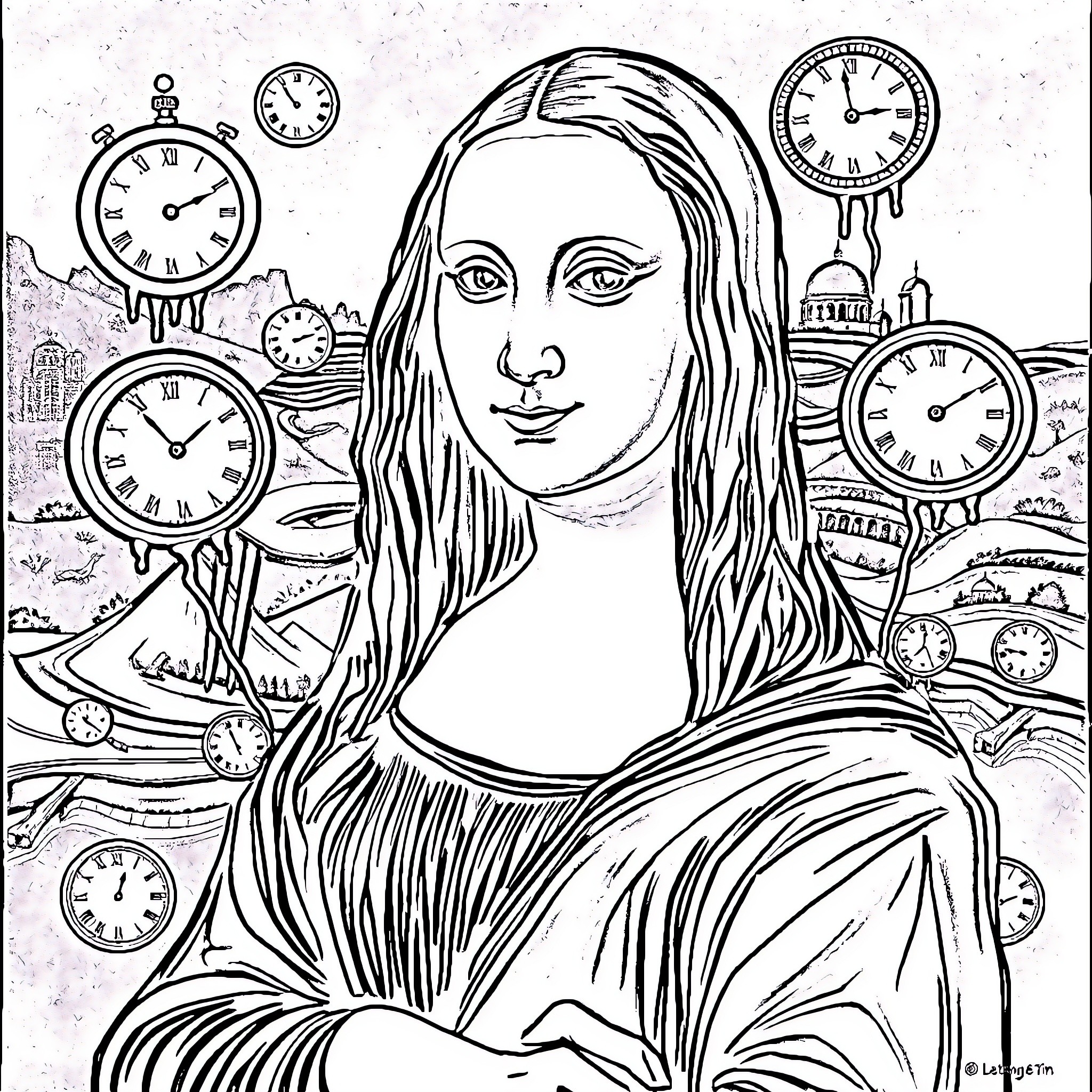Mona Lisa surrounded by clocks and timekeeping devices Coloring Page (free black-and-white line drawing printable PDF for all, from beginners to advanced learners, including children, teens, adults, and seniors)