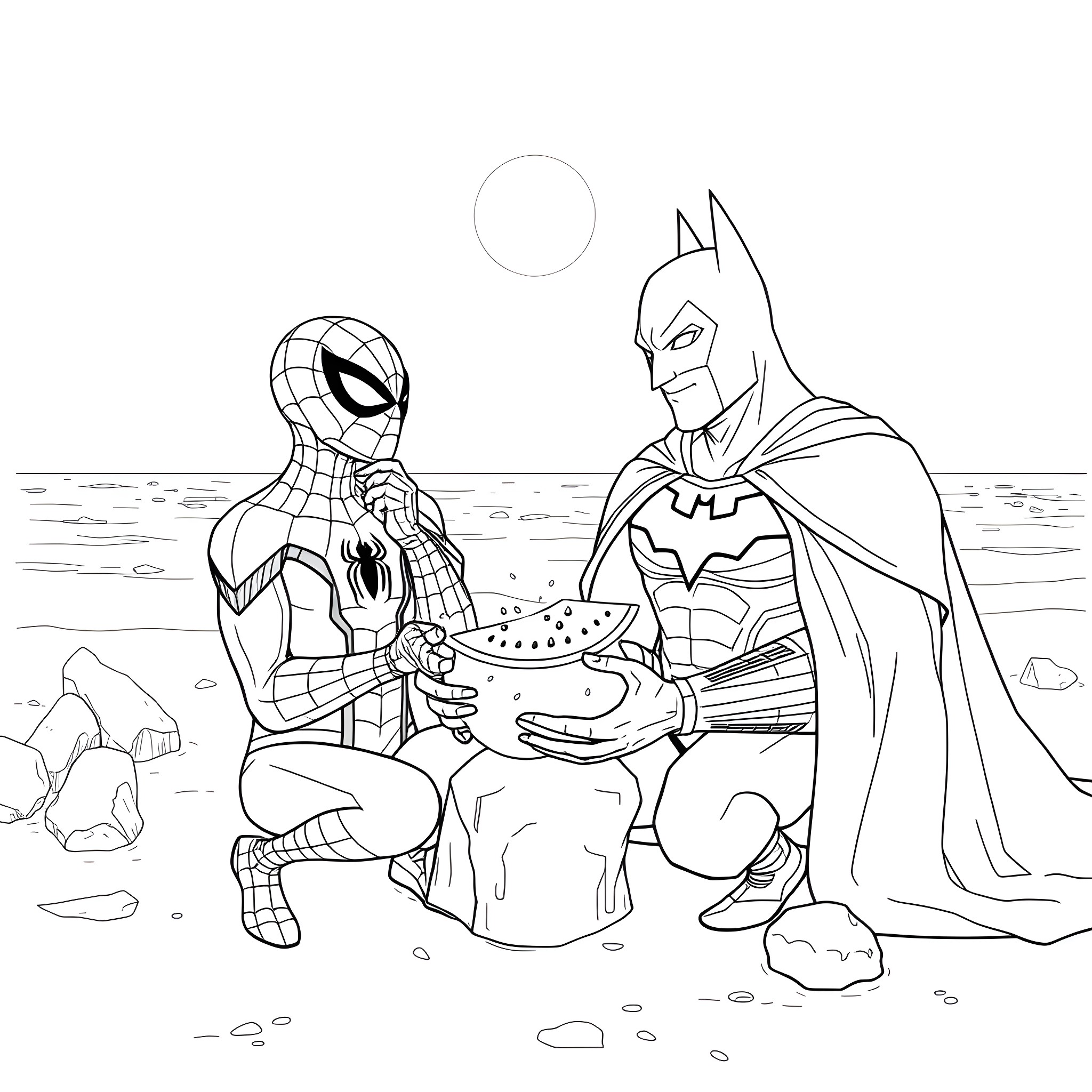 Spider-Man and Batman enjoy a beach picnic Coloring Page (free black-and-white line drawing printable PDF for all, from beginners to advanced learners, including children, teens, adults, and seniors)