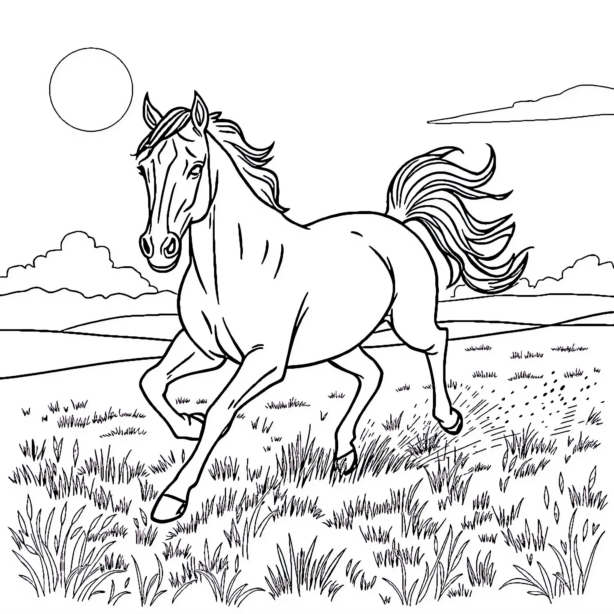 Horse galloping through the scenic landscape Coloring Page (free black-and-white line drawing printable PDF for all, from beginners to advanced learners, including children, teens, adults, and seniors)