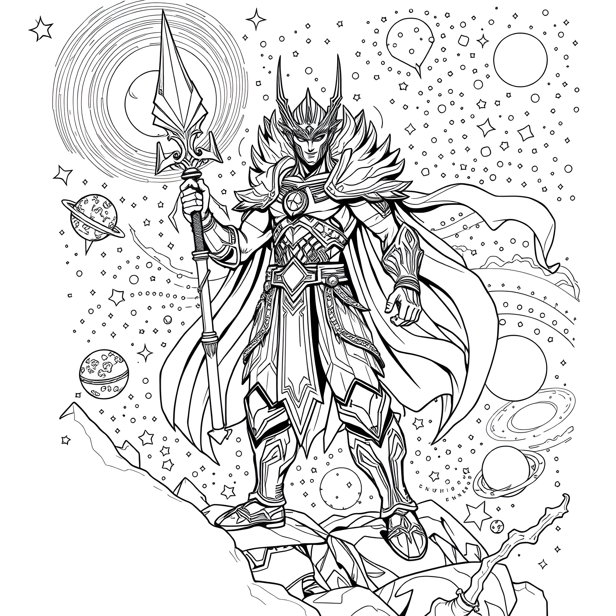 Warrior Battling Cosmic Forces in Intricate Armor Coloring Page (free black-and-white line drawing printable PDF for all, from beginners to advanced learners, including children, teens, adults, and seniors)