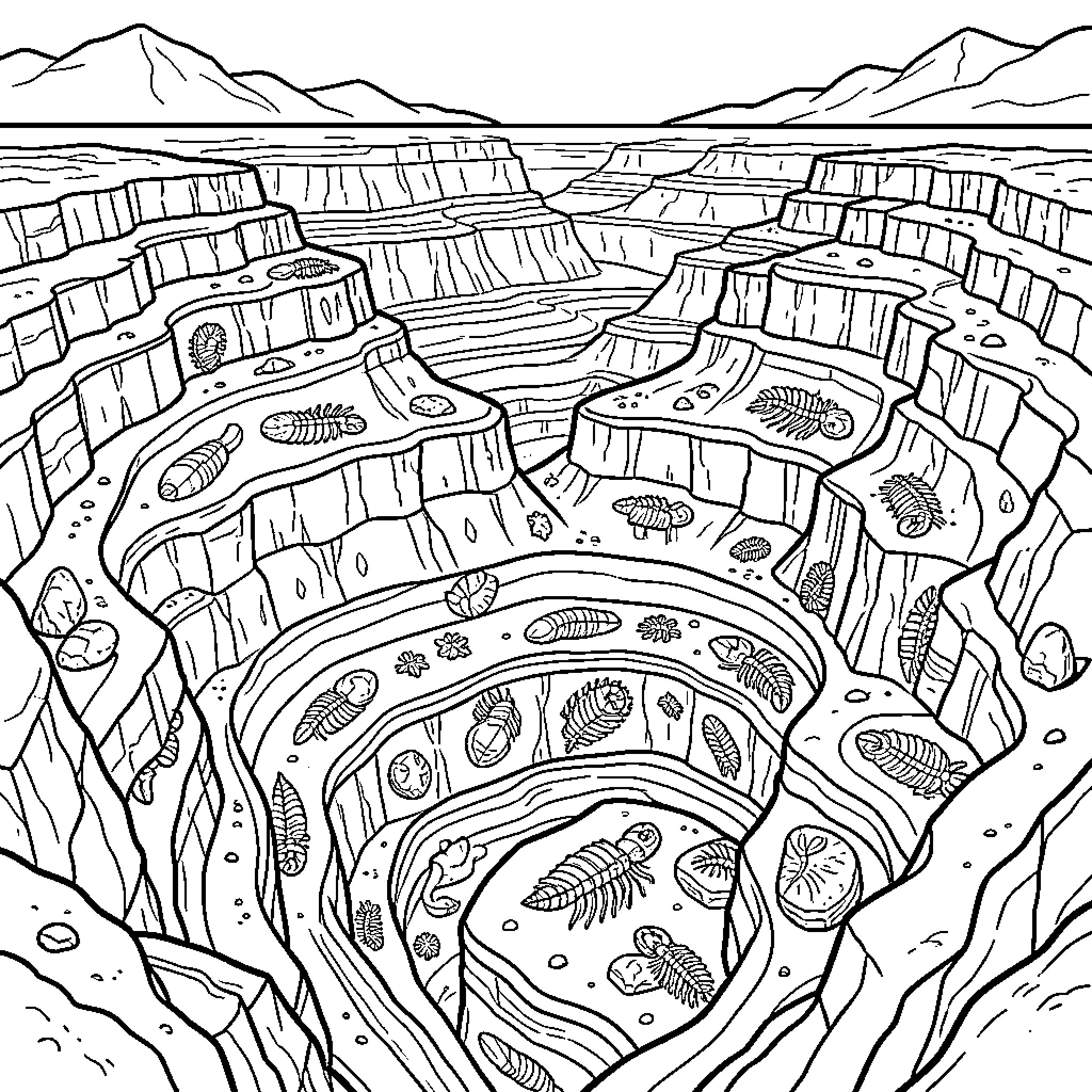 Fossil Imprints in Ancient Geological Formations Coloring Page (free black-and-white line drawing printable PDF for all, from beginners to advanced learners, including children, teens, adults, and seniors)