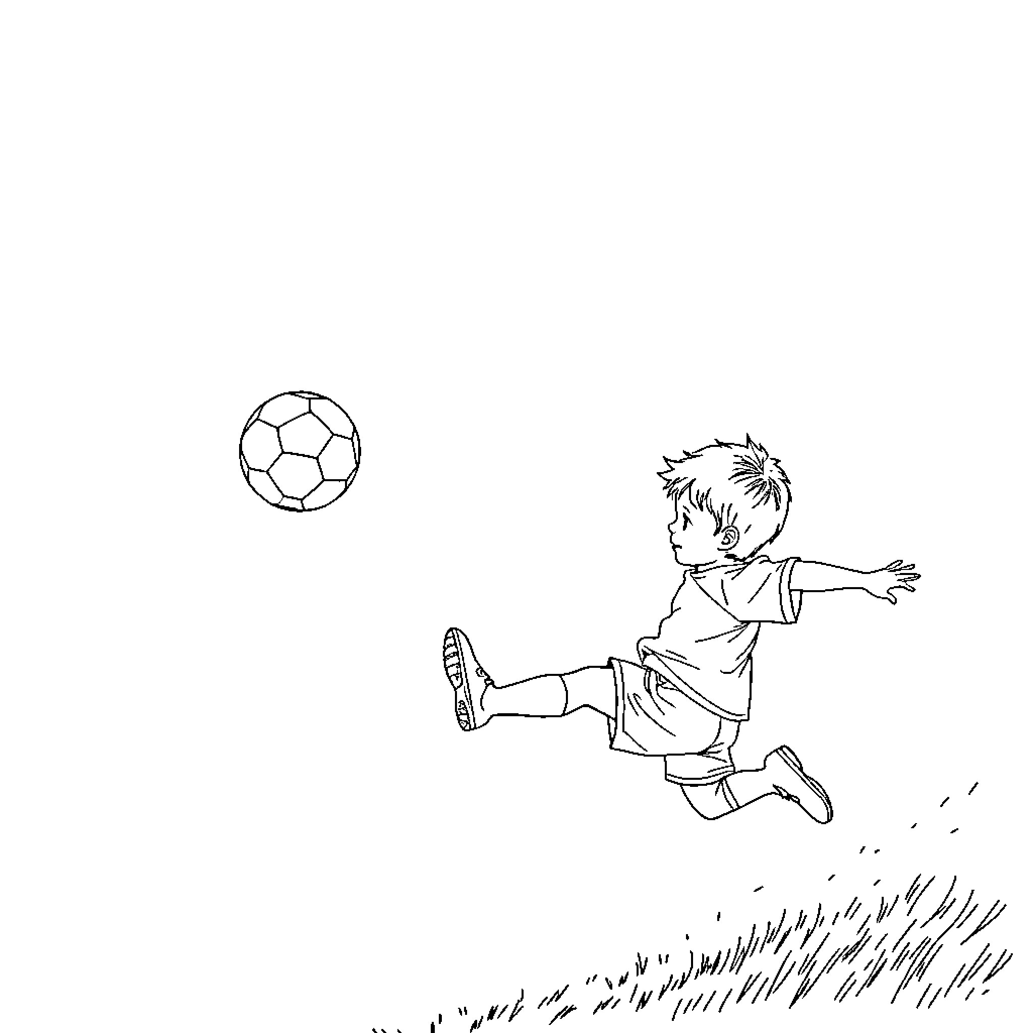 Soccer Ball Kicked Joyfully by Boy on Field Coloring Page (free black-and-white line drawing printable PDF for all, from beginners to advanced learners, including children, teens, adults, and seniors)