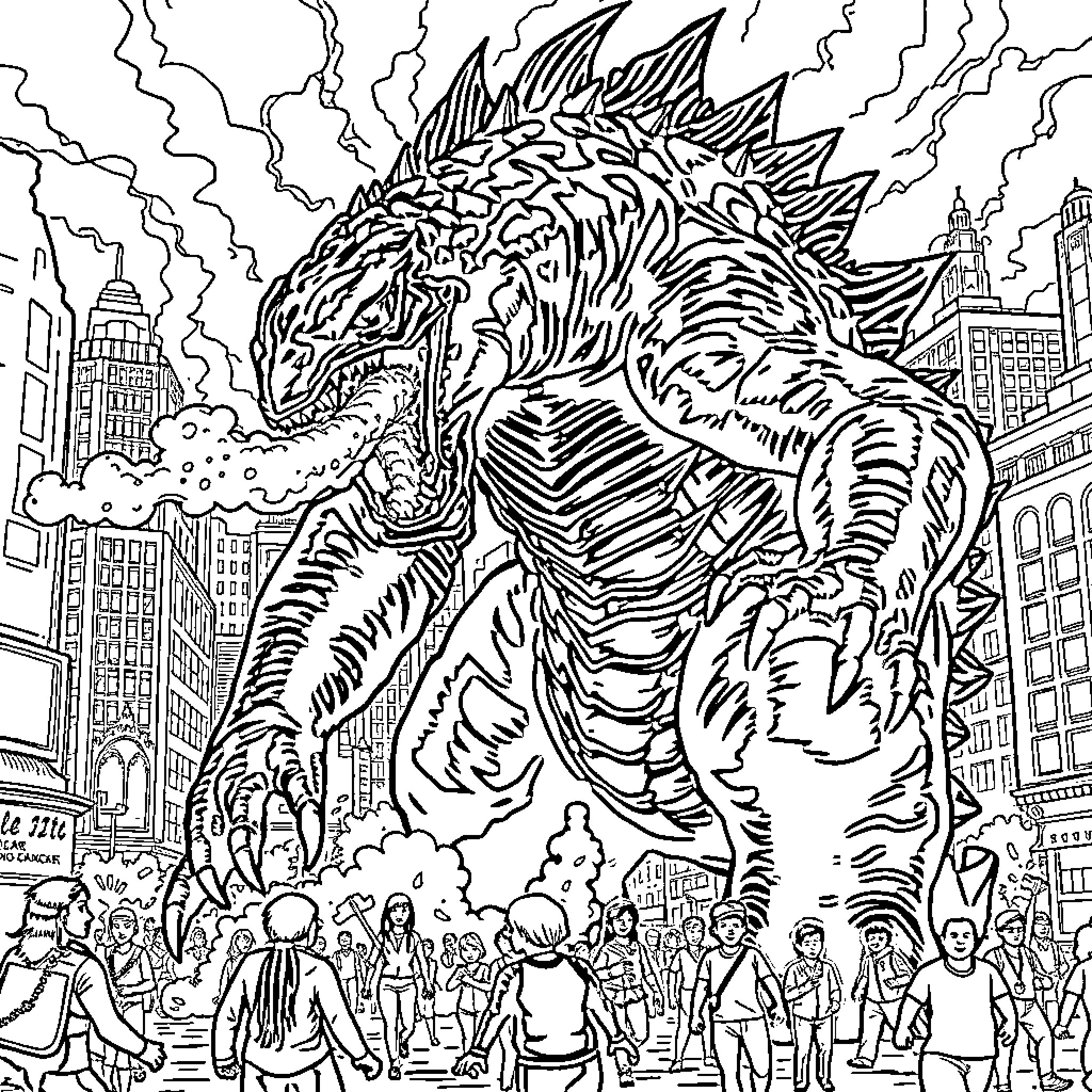 Godzilla's Destructive Rampage Across the City Coloring Page (free black-and-white line drawing printable PDF for all, from beginners to advanced learners, including children, teens, adults, and seniors)