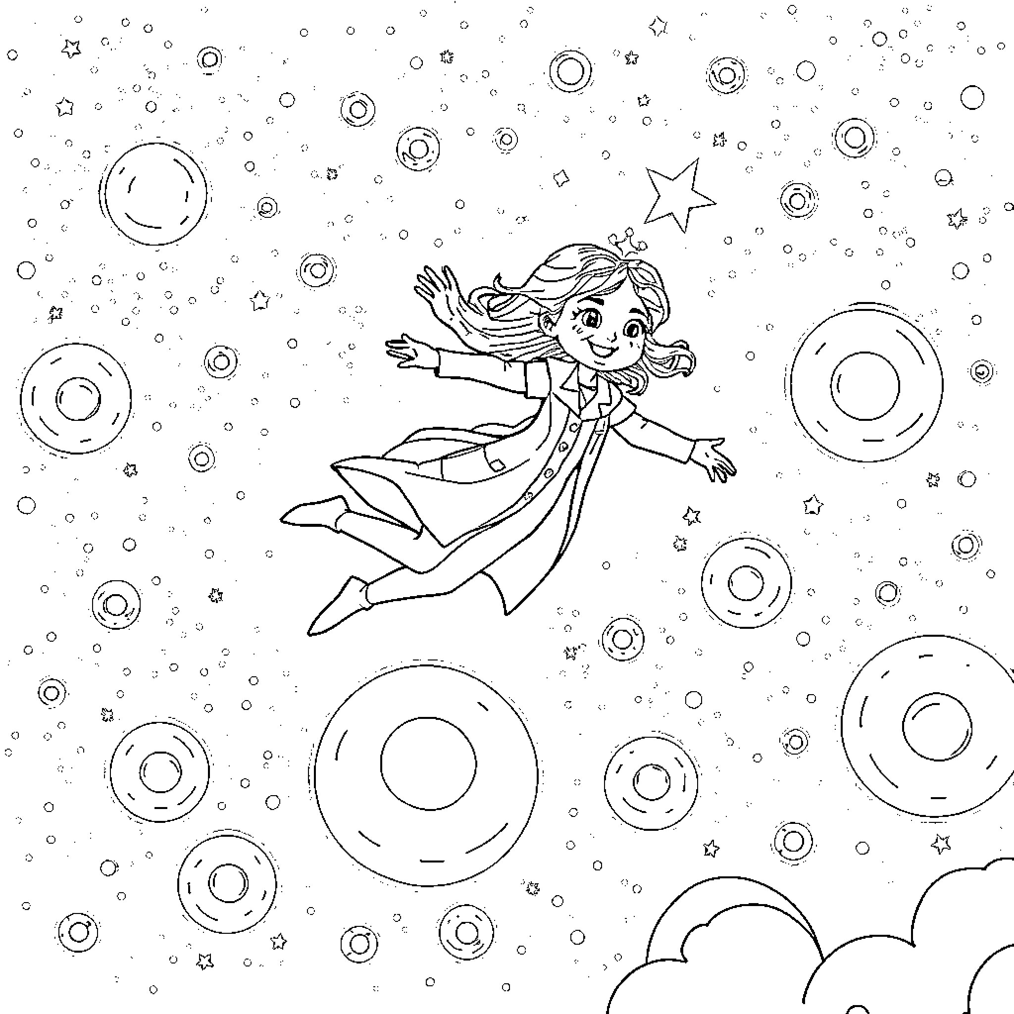 Princess gracefully dancing among the stars Coloring Page (free black-and-white line drawing printable PDF for all, from beginners to advanced learners, including children, teens, adults, and seniors)