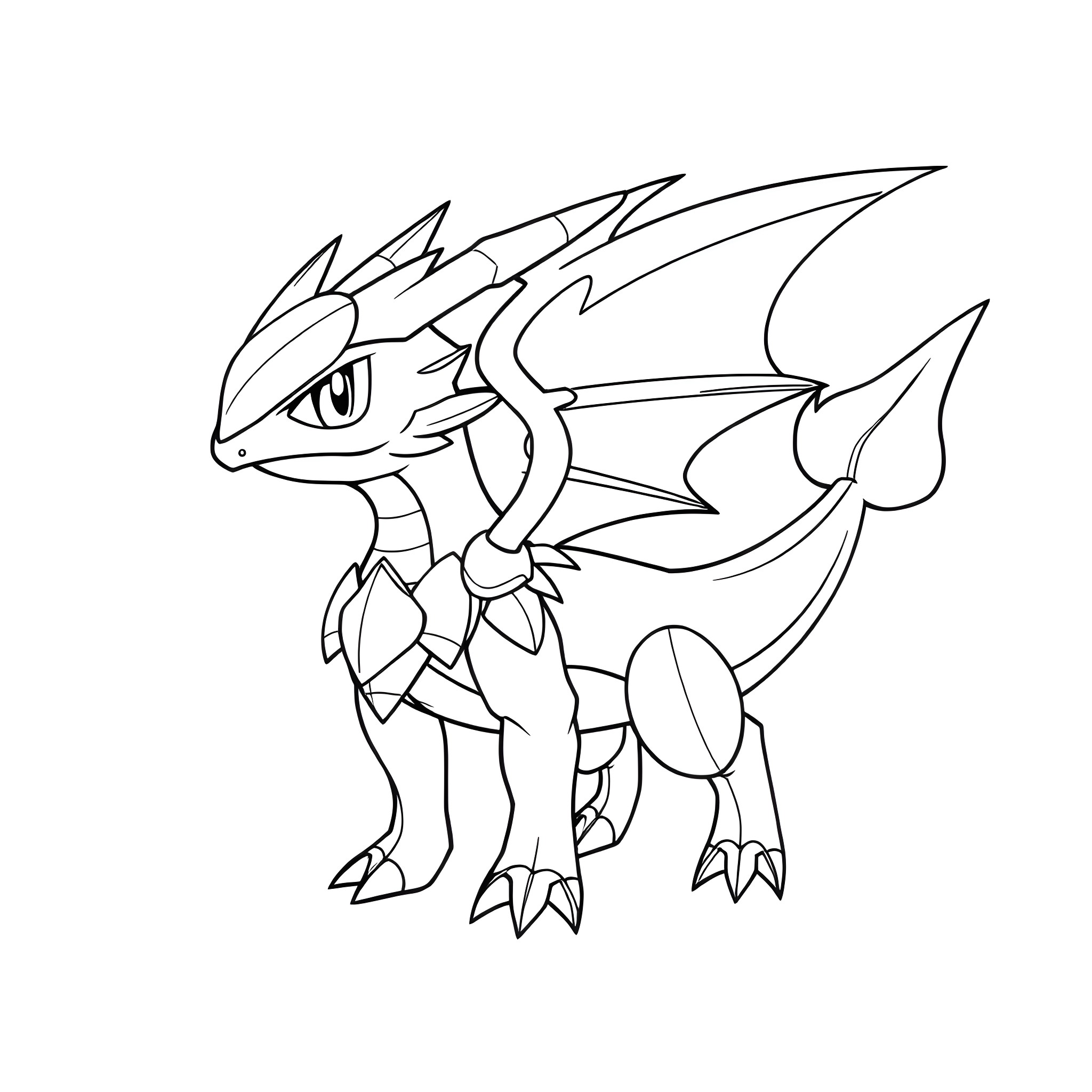 Pokémon dragon-like creature standing with wings Coloring Page (free black-and-white line drawing printable PDF for all, from beginners to advanced learners, including children, teens, adults, and seniors)