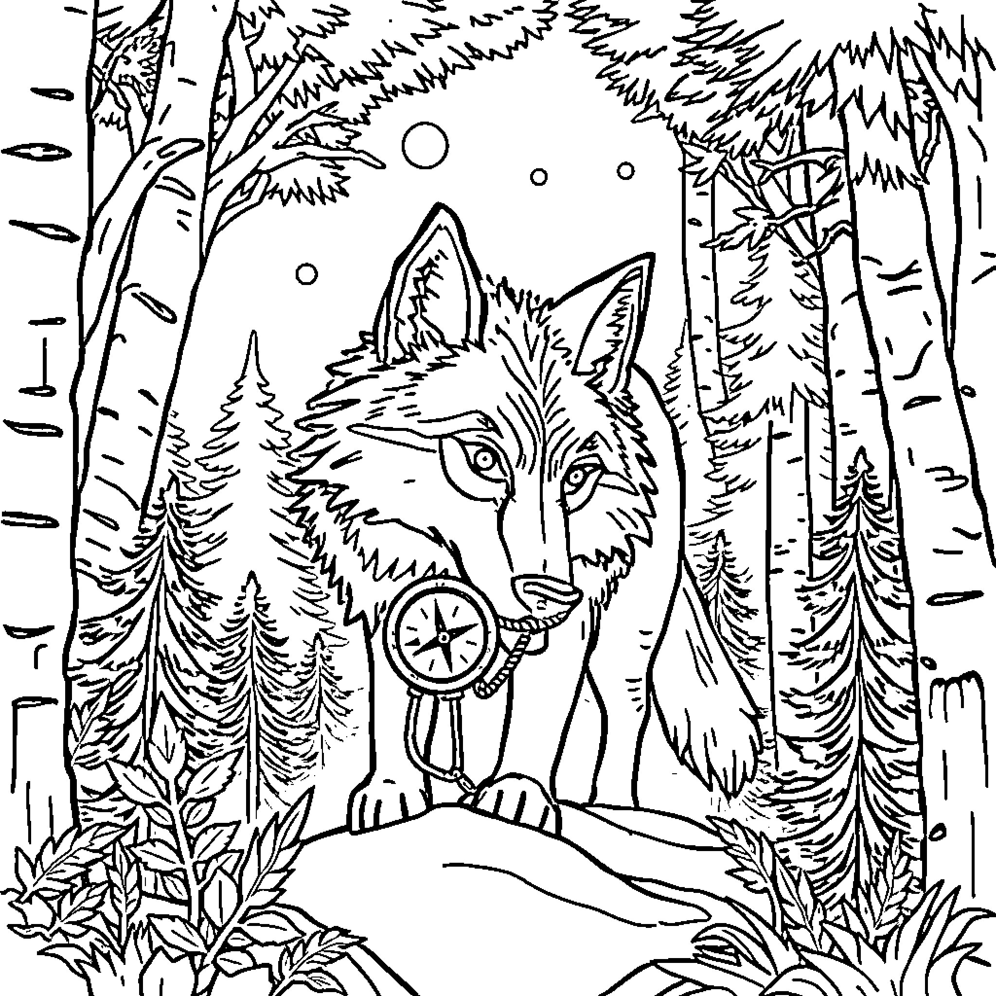 Wolf gazing at the night sky in the forest Coloring Page (free black-and-white line drawing printable PDF for all, from beginners to advanced learners, including children, teens, adults, and seniors)