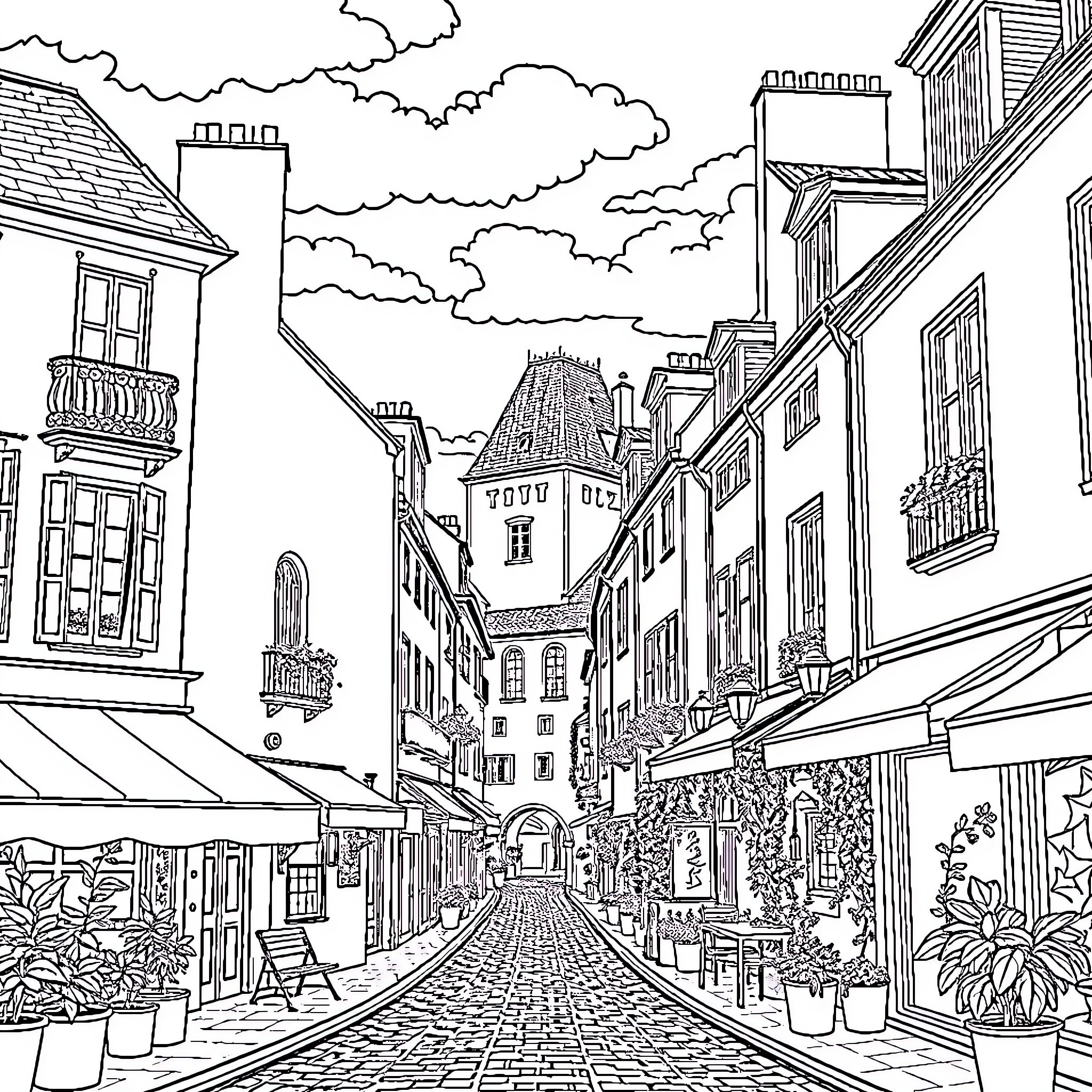 France: Bustling Street Scene in a Historic Town Coloring Page (free black-and-white line drawing printable PDF for all, from beginners to advanced learners, including children, teens, adults, and seniors)