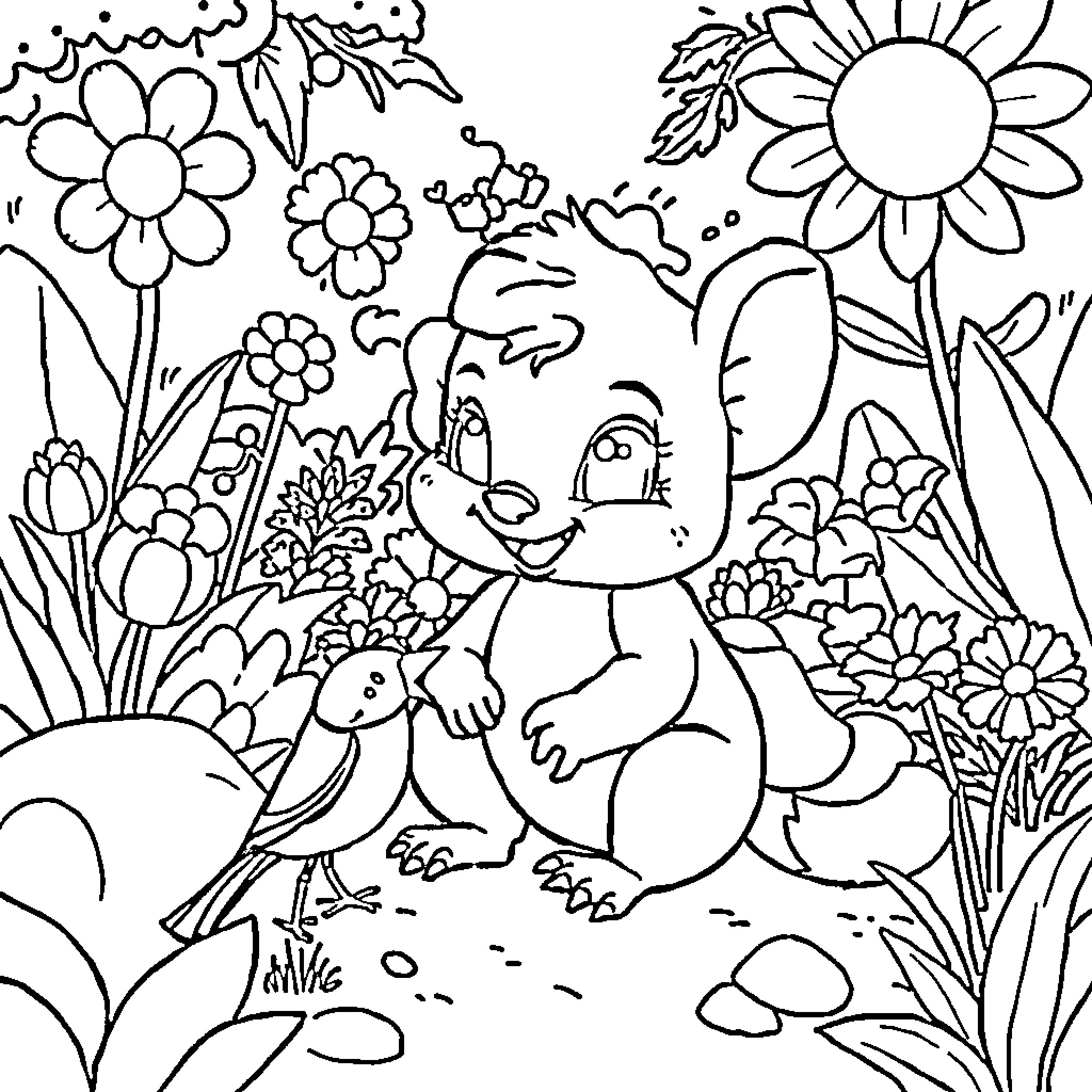 Sandrilla's Whimsical Floral Adventure Coloring Page (free black-and-white line drawing printable PDF for all, from beginners to advanced learners, including children, teens, adults, and seniors)