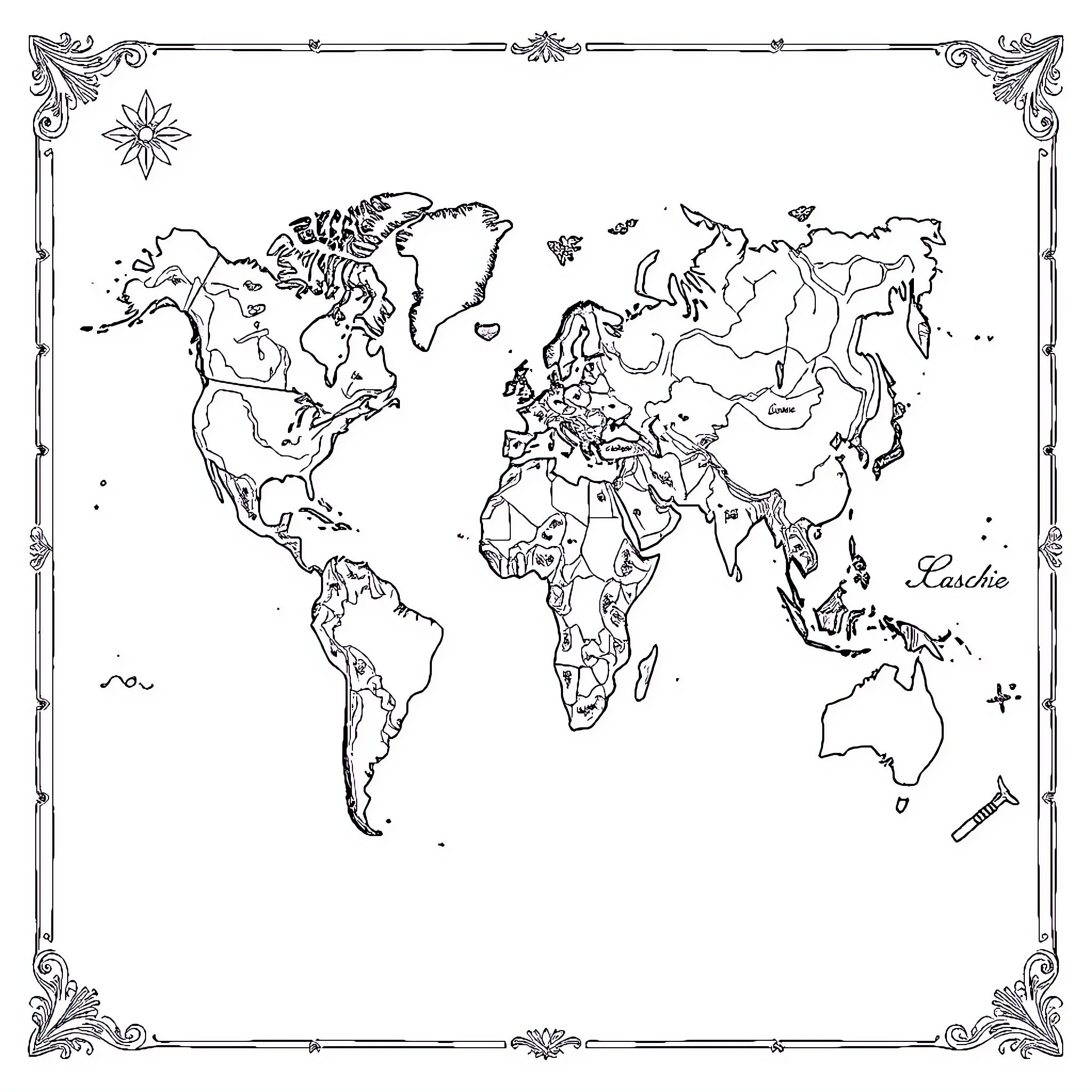 World Map with Decorative Border Coloring Page (free black-and-white line drawing printable PDF for all, from beginners to advanced learners, including children, teens, adults, and seniors)