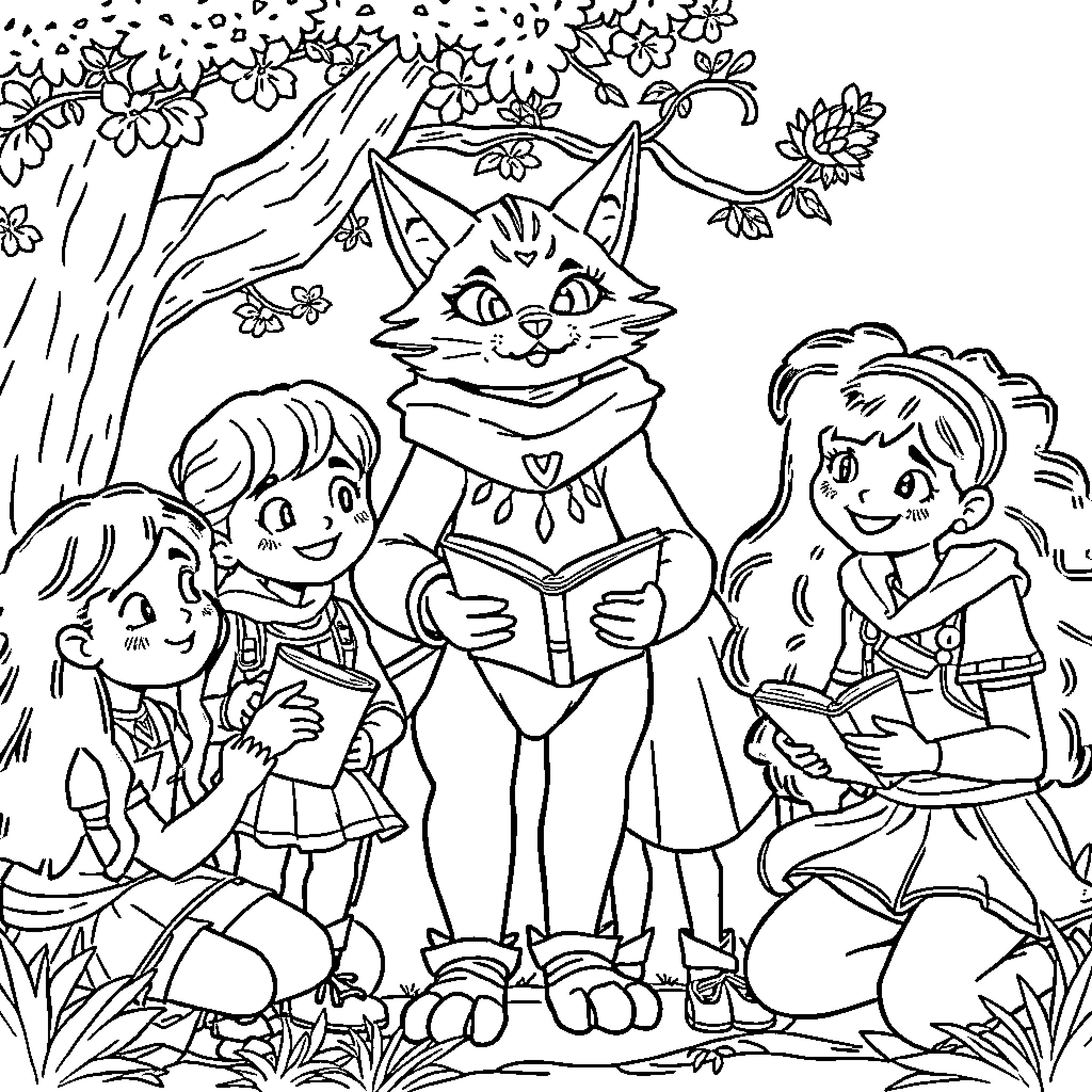 Katseye's Adventure in the Enchanted Forest Coloring Page (free black-and-white line drawing printable PDF for all, from beginners to advanced learners, including children, teens, adults, and seniors)