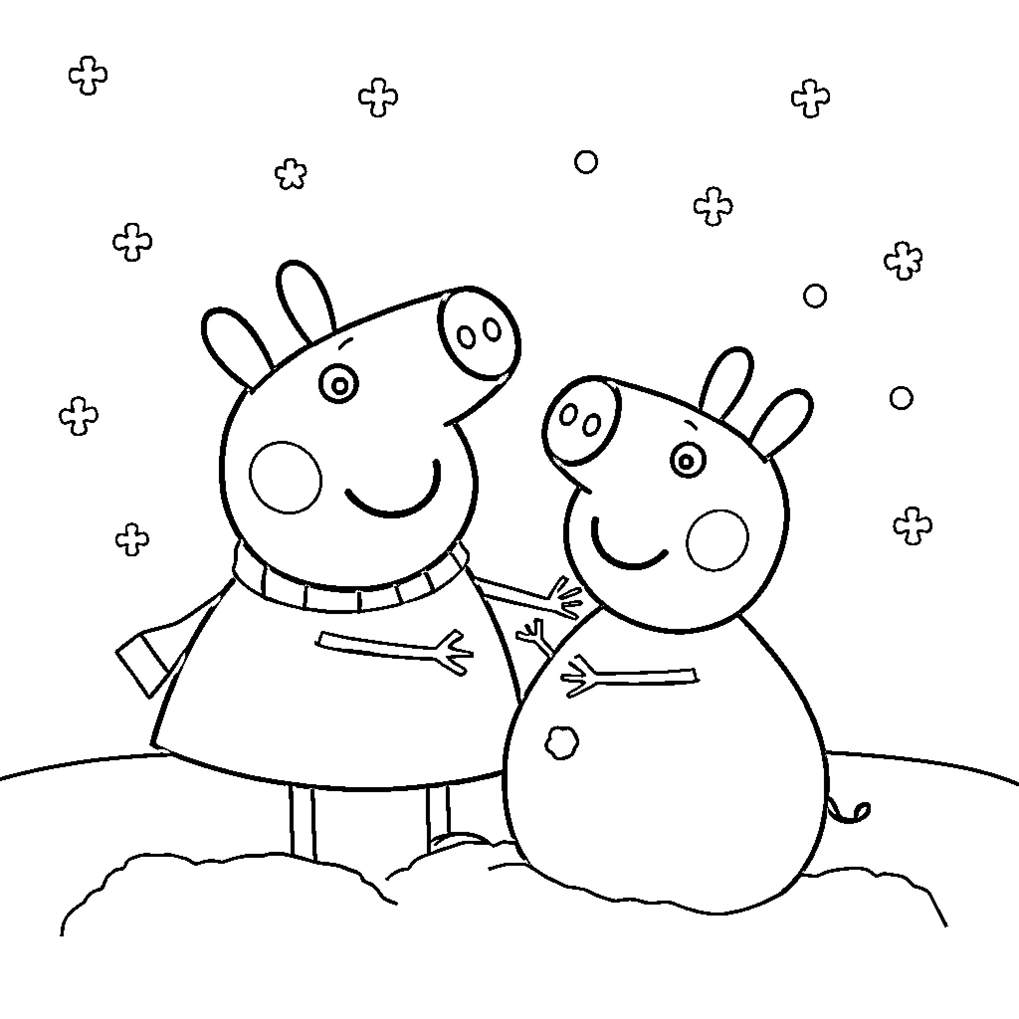 Peppa Pig and friends playing in the snow Coloring Page (free black-and-white line drawing printable PDF for all, from beginners to advanced learners, including children, teens, adults, and seniors)