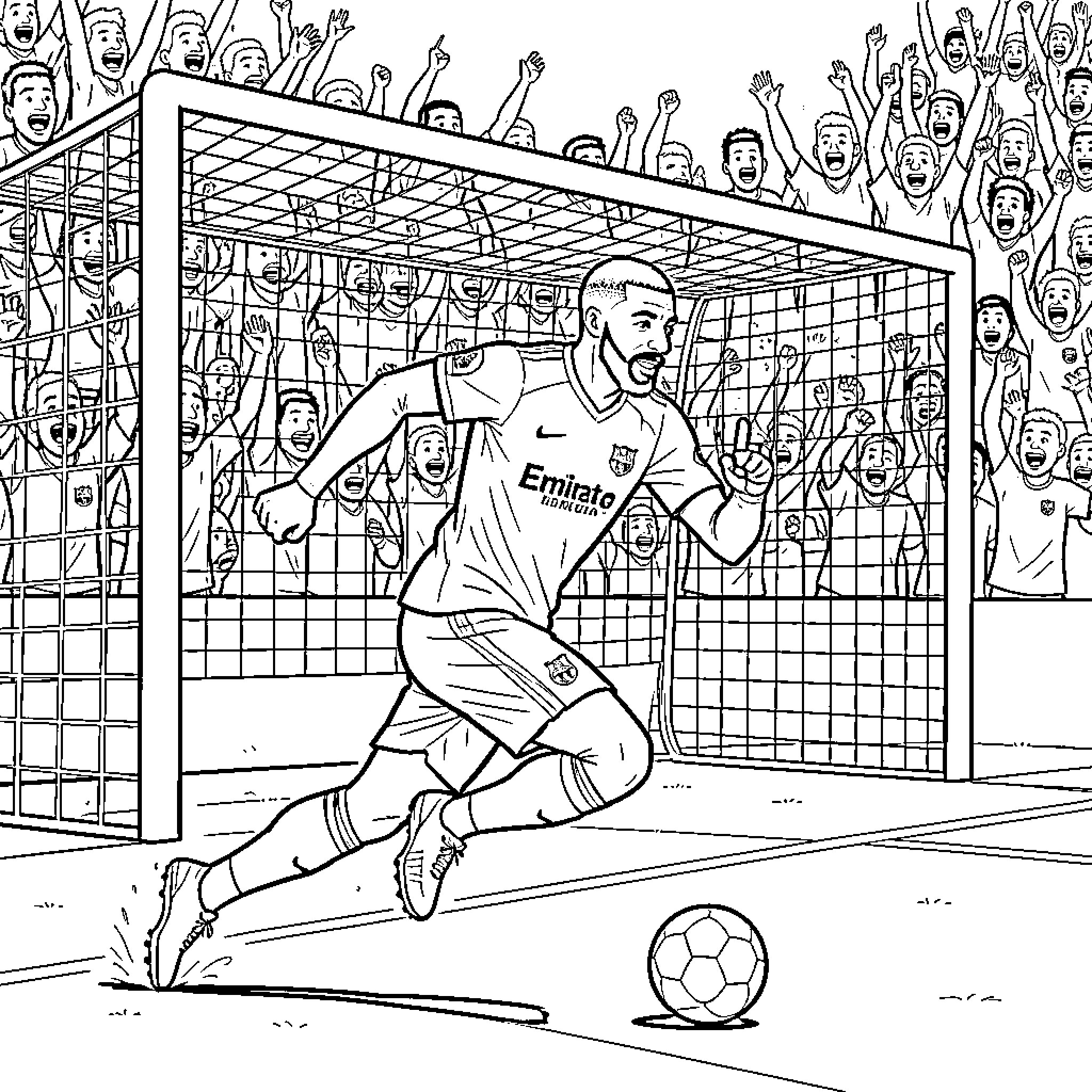 Mbappe celebrating a goal in front of cheering fans Coloring Page (free black-and-white line drawing printable PDF for all, from beginners to advanced learners, including children, teens, adults, and seniors)
