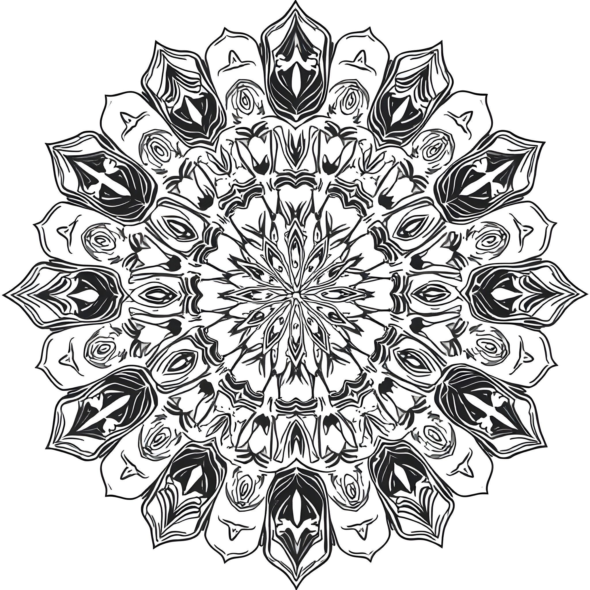 Kaleidoscope of intricate floral patterns Coloring Page (free black-and-white line drawing printable PDF for all, from beginners to advanced learners, including children, teens, adults, and seniors)