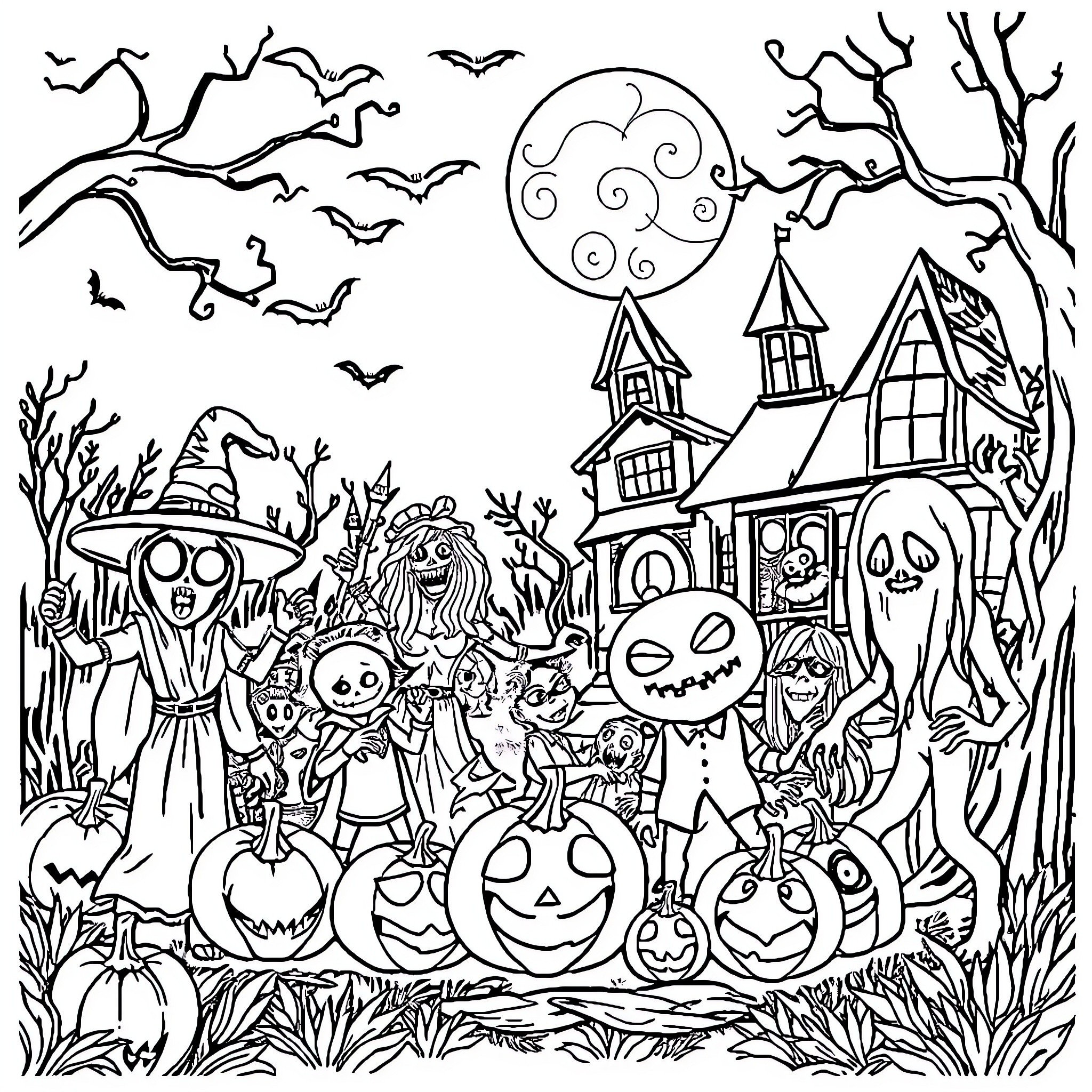 Monster group celebrating Halloween with spooky scenery Coloring Page (free black-and-white line drawing printable PDF for all, from beginners to advanced learners, including children, teens, adults, and seniors)