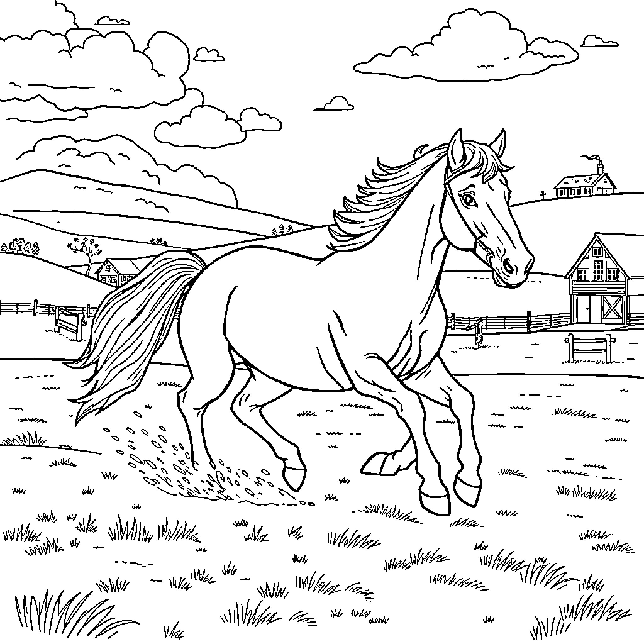 Horse galloping through scenic countryside landscape Coloring Page (free black-and-white line drawing printable PDF for all, from beginners to advanced learners, including children, teens, adults, and seniors)