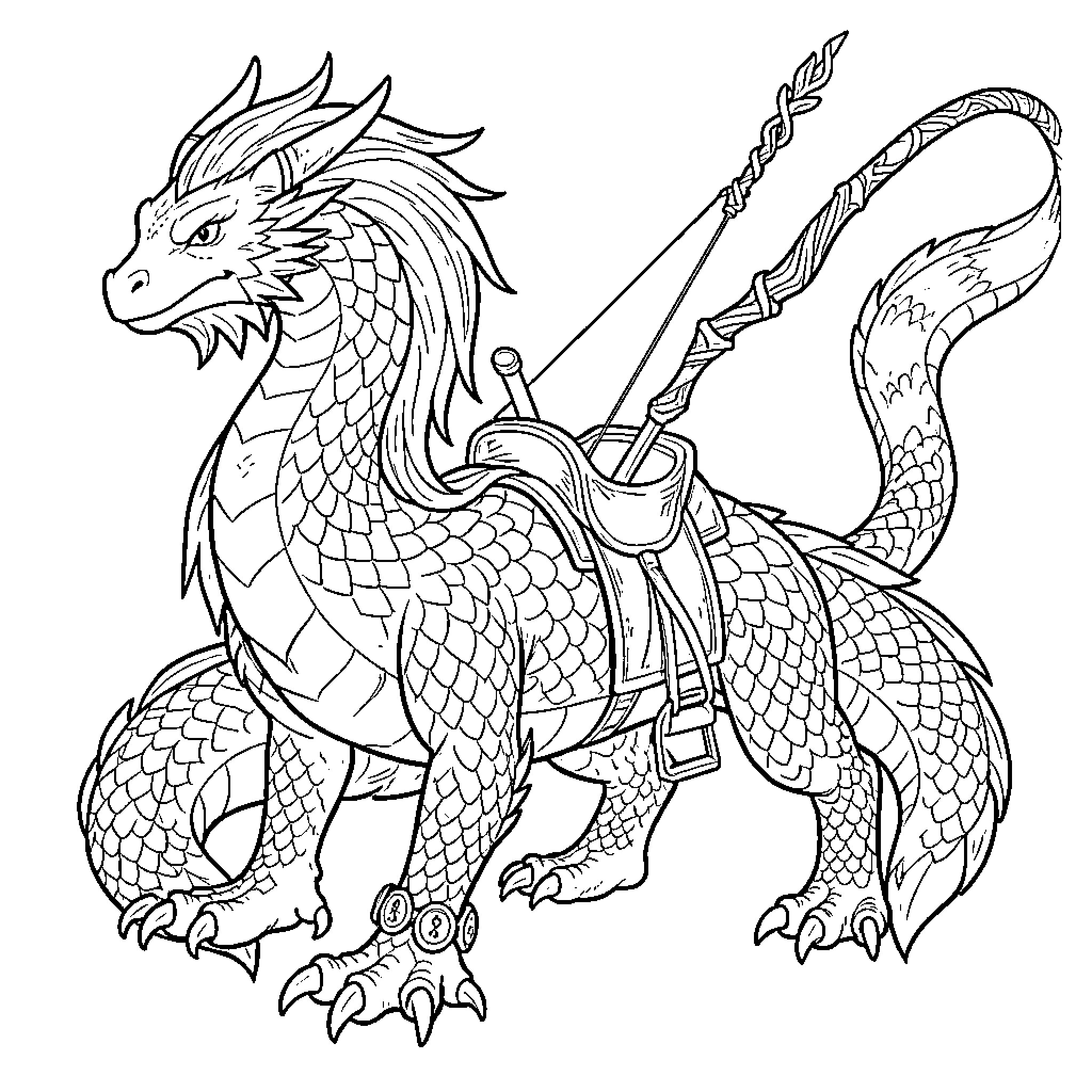 Drake wearing a saddle and carrying a long bow Coloring Page (free black-and-white line drawing printable PDF for all, from beginners to advanced learners, including children, teens, adults, and seniors)