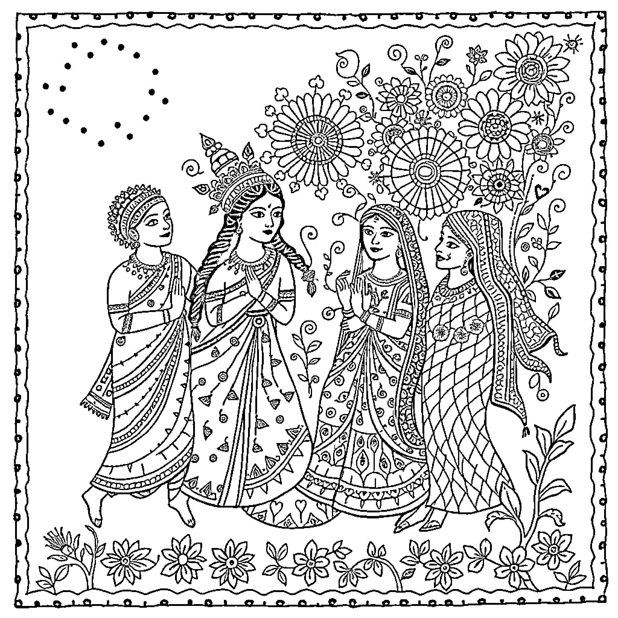 Madhubani Artwork Depicting Traditional Indian Figures Coloring Page (free black-and-white line drawing printable PDF for all, from beginners to advanced learners, including children, teens, adults, and seniors)