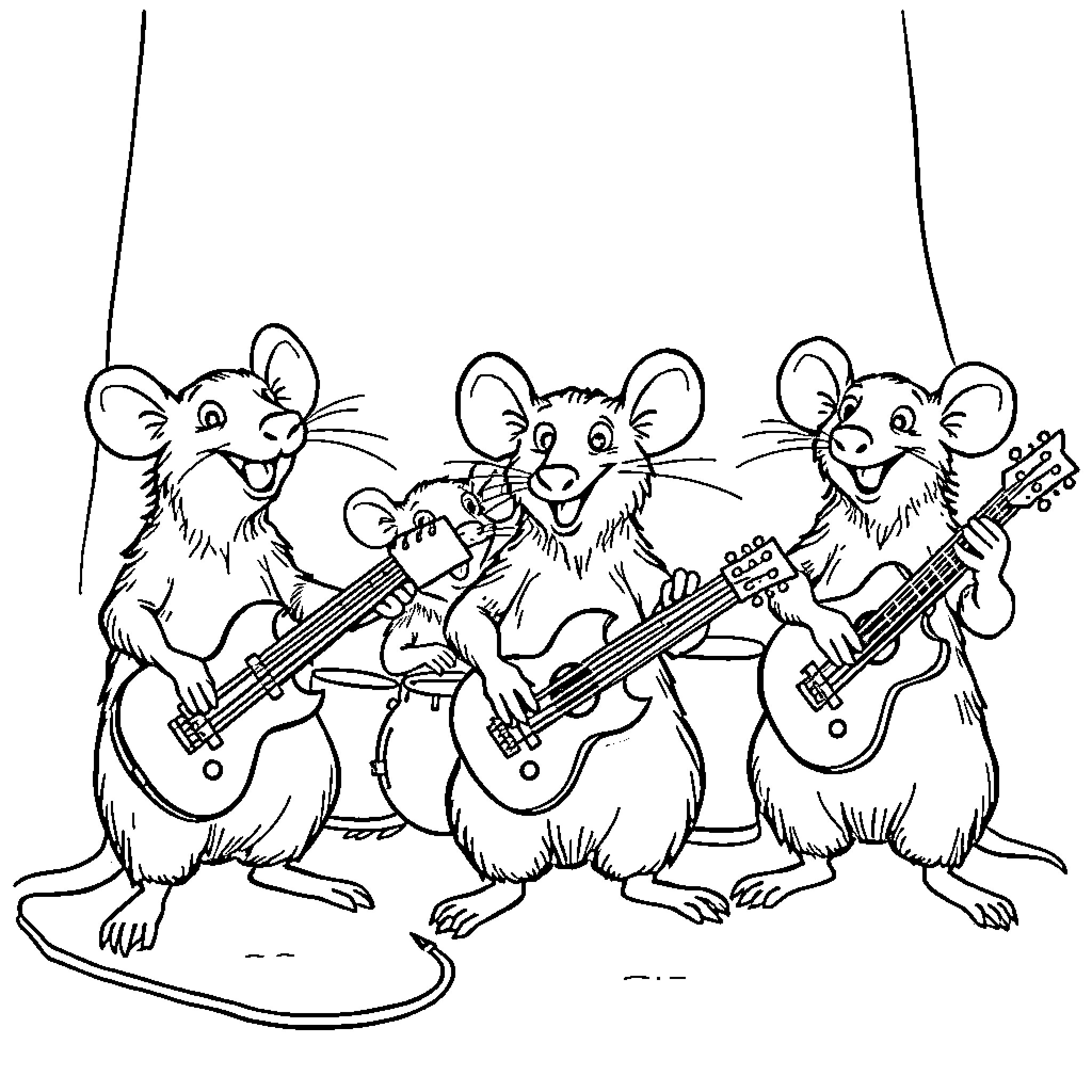 Rat band playing music with guitars Coloring Page (free black-and-white line drawing printable PDF for all, from beginners to advanced learners, including children, teens, adults, and seniors)