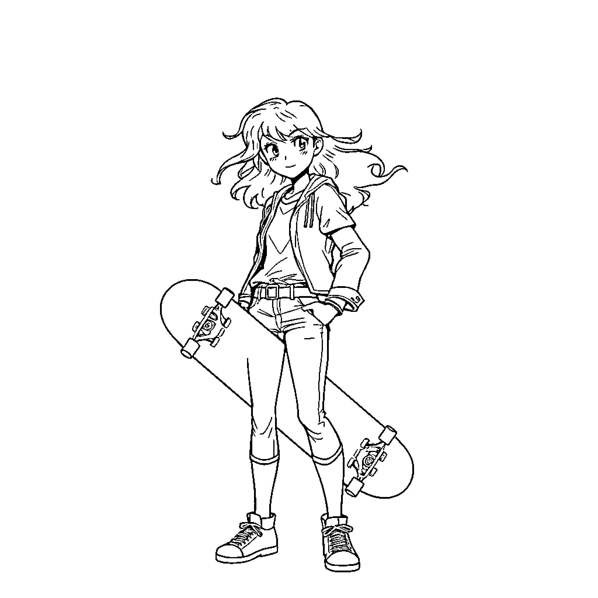 Max the Skater Girl with Skateboard Coloring Page (free black-and-white line drawing printable PDF for all, from beginners to advanced learners, including children, teens, adults, and seniors)