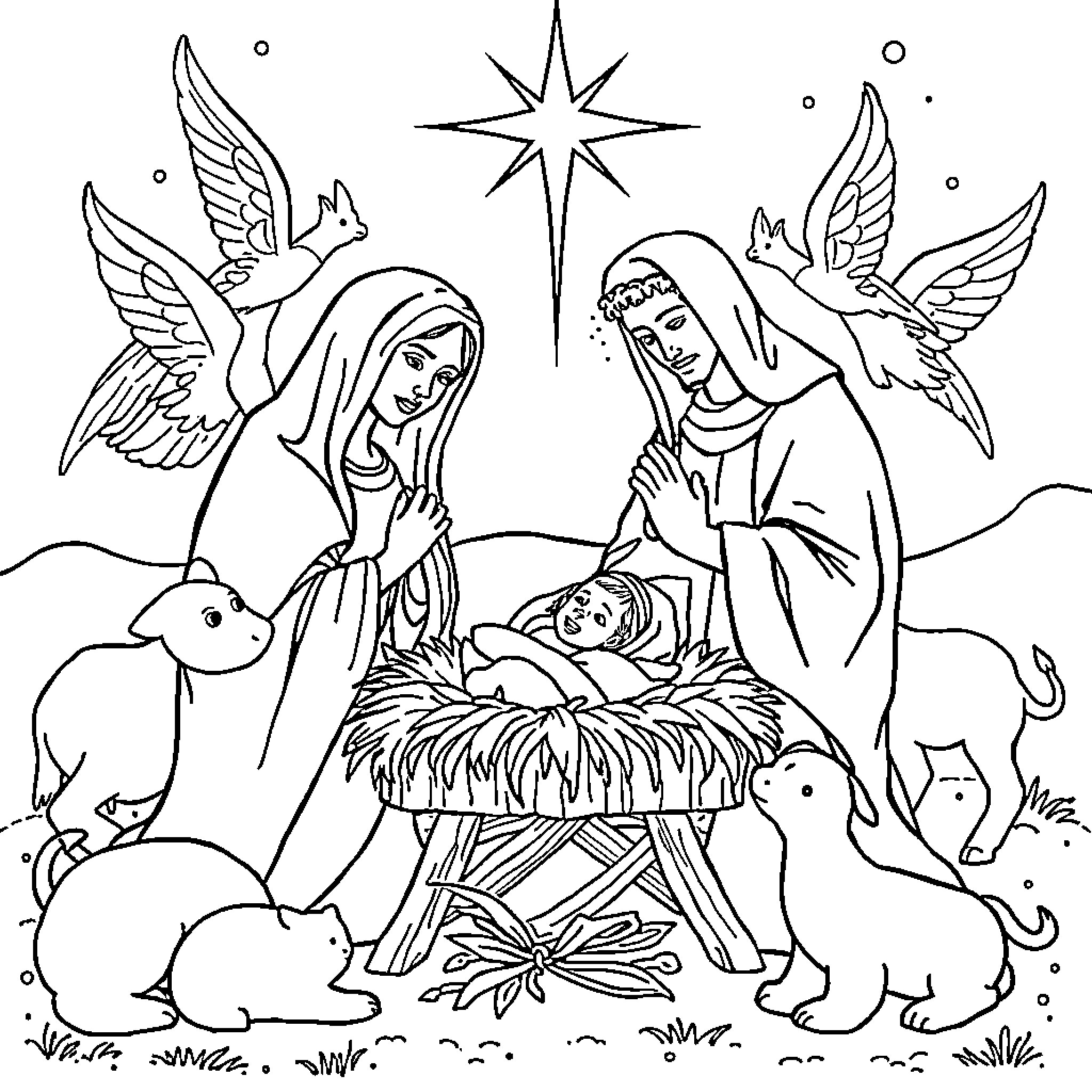 Nativity scene with holy family and animals Coloring Page (free black-and-white line drawing printable PDF for all, from beginners to advanced learners, including children, teens, adults, and seniors)