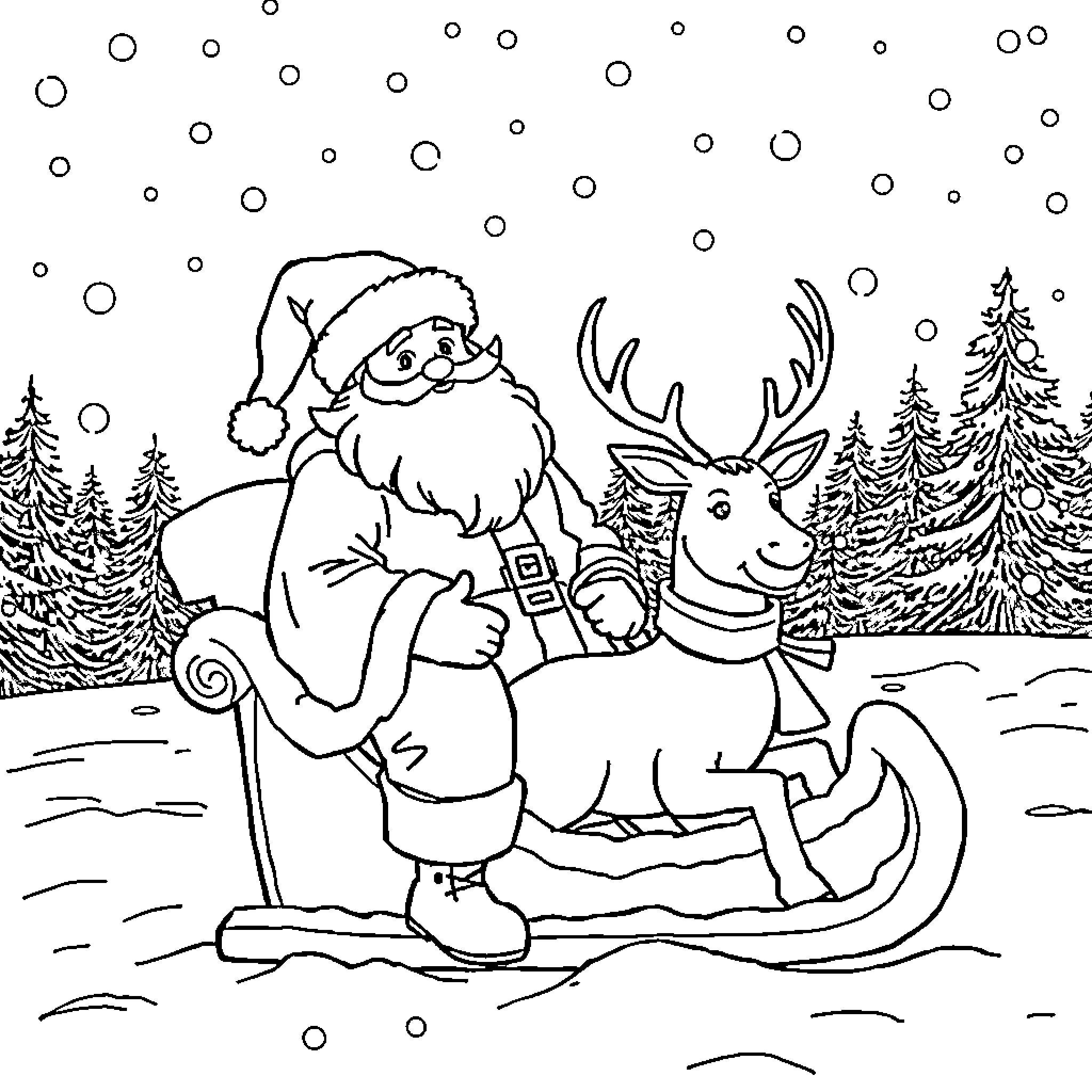 Santa riding a reindeer in the snowy forest Coloring Page (free black-and-white line drawing printable PDF for all, from beginners to advanced learners, including children, teens, adults, and seniors)