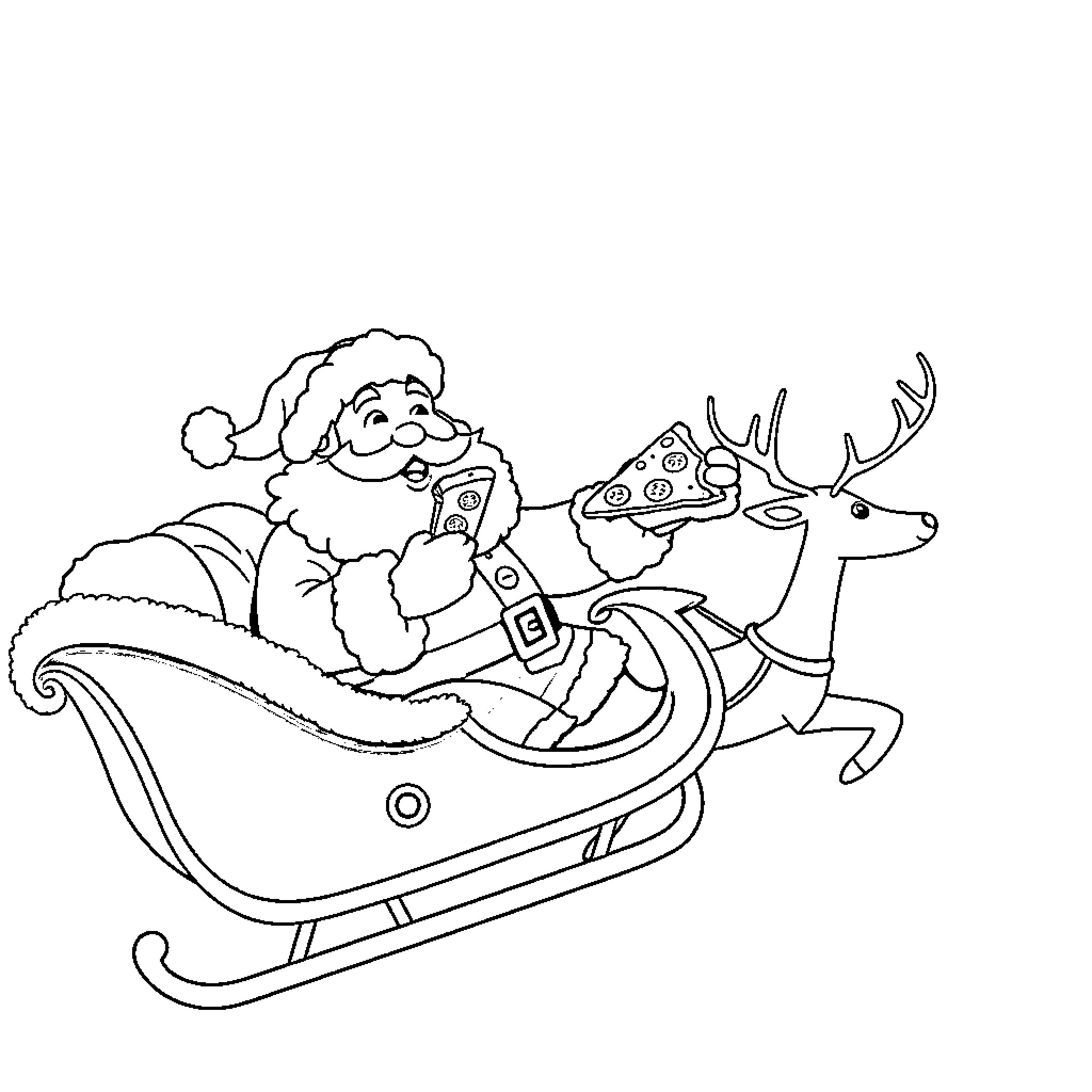 Santa riding sleigh with reindeer on Christmas Eve Coloring Page (free black-and-white line drawing printable PDF for all, from beginners to advanced learners, including children, teens, adults, and seniors)
