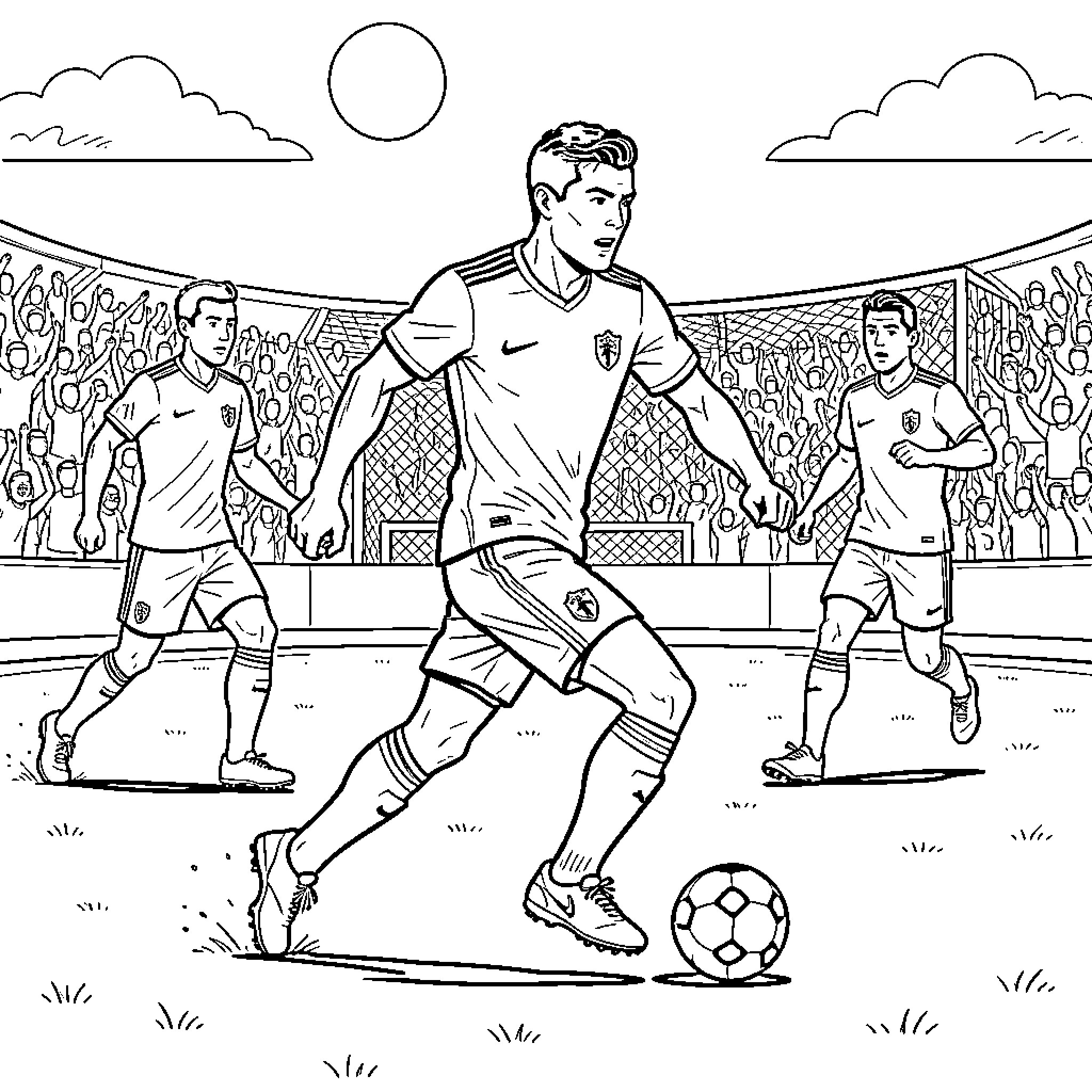 Ronaldo dribbling a soccer ball during a match Coloring Page (free black-and-white line drawing printable PDF for all, from beginners to advanced learners, including children, teens, adults, and seniors)