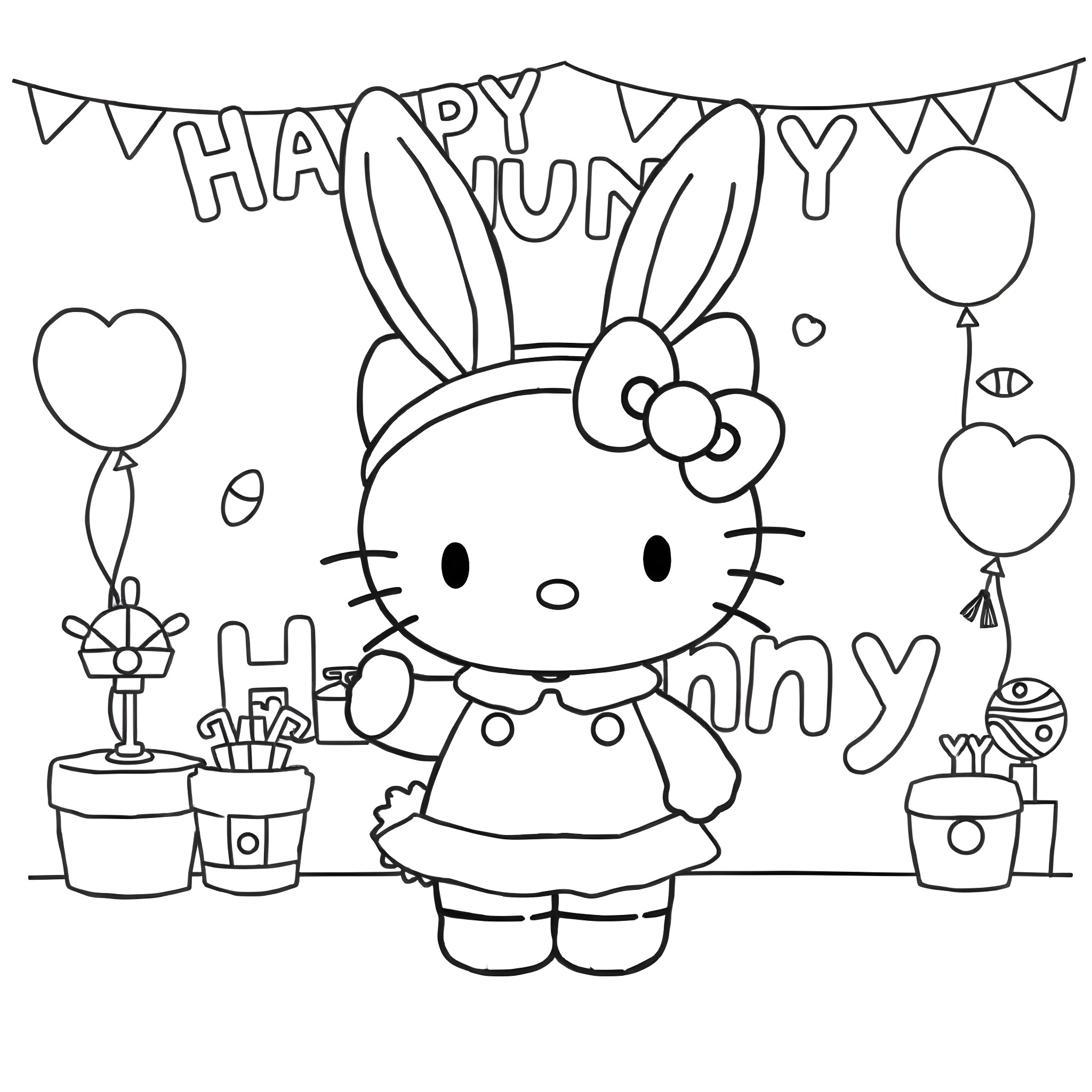Hello Kitty celebrates Happy Bunny Day with party decorations Coloring Page (free black-and-white line drawing printable PDF for all, from beginners to advanced learners, including children, teens, adults, and seniors)