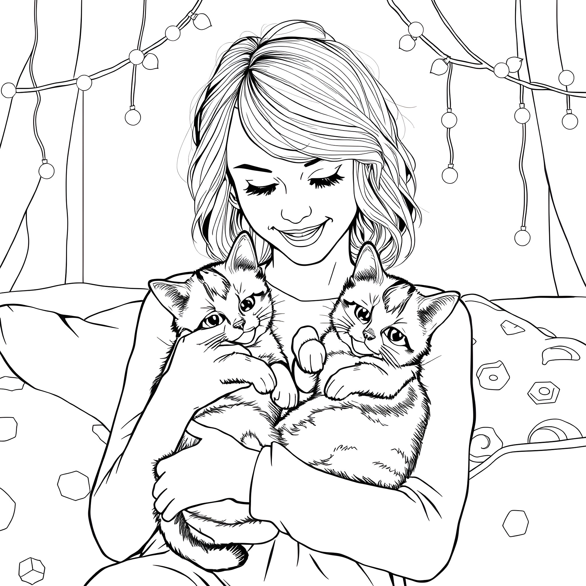 Cat Lover's Cozy Cuddle Coloring Page (free black-and-white line drawing printable PDF for all, from beginners to advanced learners, including children, teens, adults, and seniors)