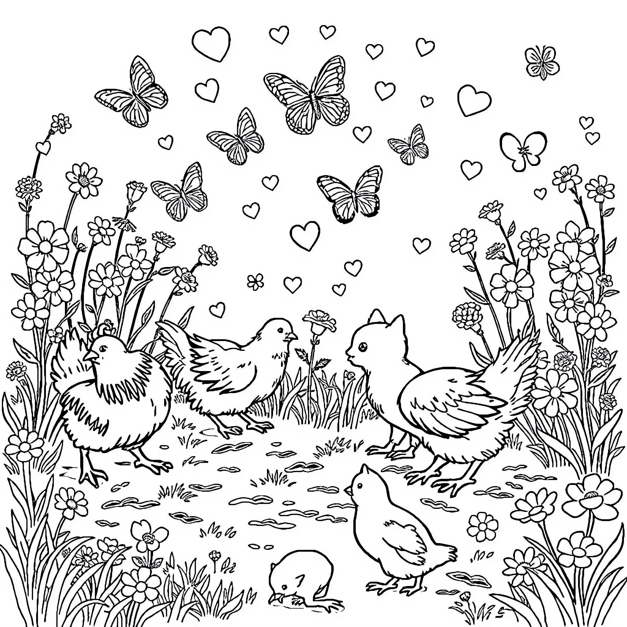 Chickens and Butterflies in a Floral Meadow Coloring Page (free black-and-white line drawing printable PDF for all, from beginners to advanced learners, including children, teens, adults, and seniors)