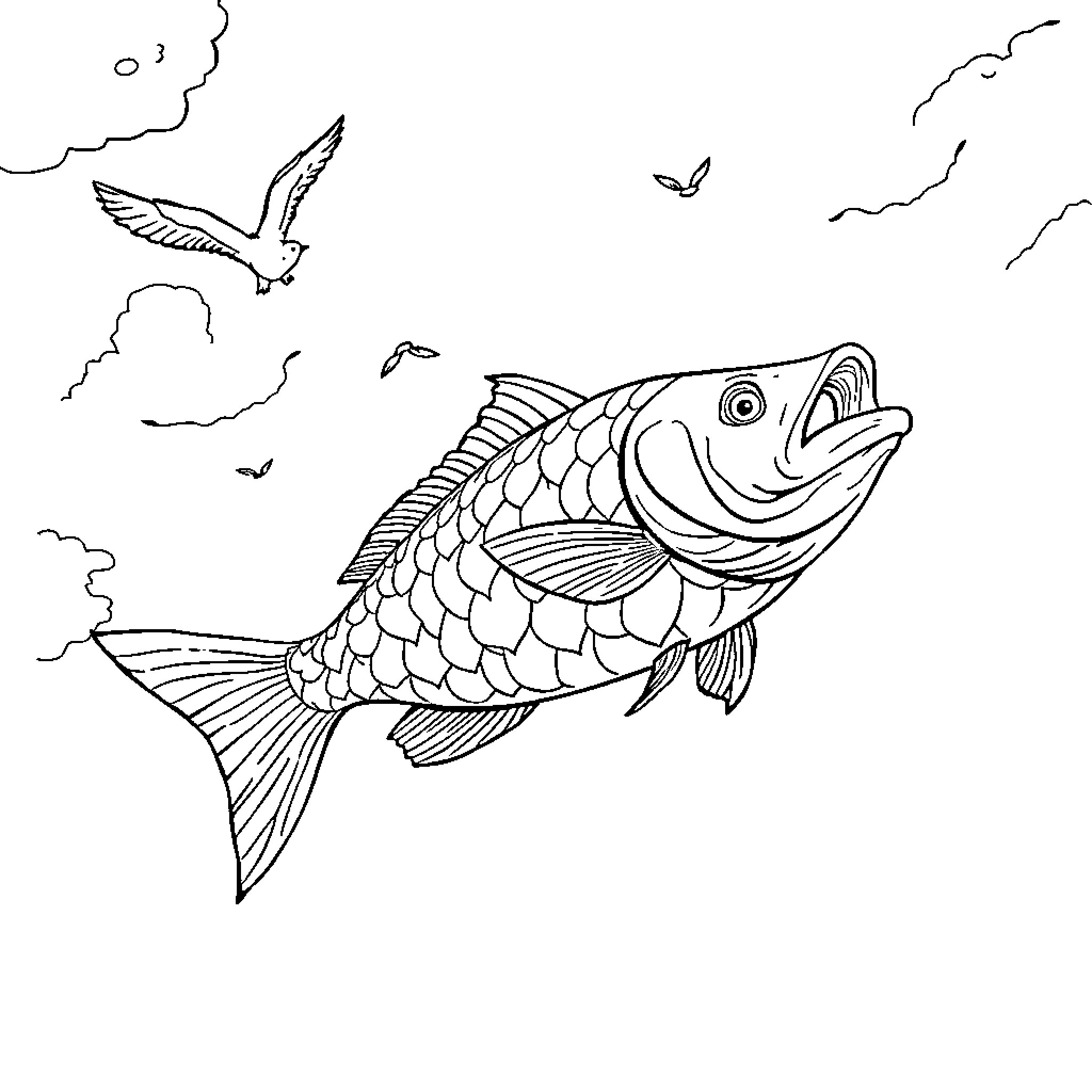 Fish Swimming Happily with Birds in the Sky Coloring Page (free black-and-white line drawing printable PDF for all, from beginners to advanced learners, including children, teens, adults, and seniors)