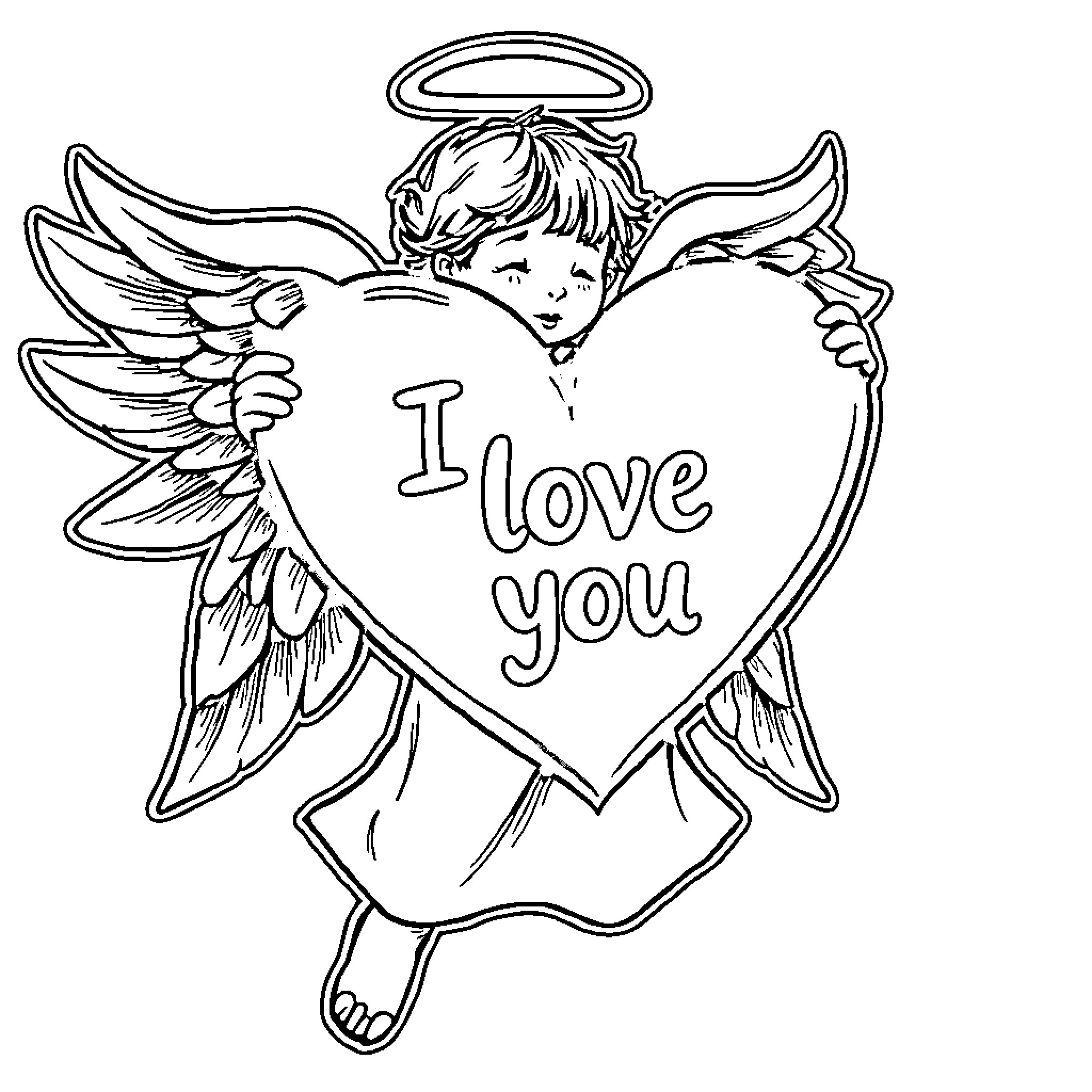 Angel holding heart with 'I love you' message Coloring Page (free black-and-white line drawing printable PDF for all, from beginners to advanced learners, including children, teens, adults, and seniors)