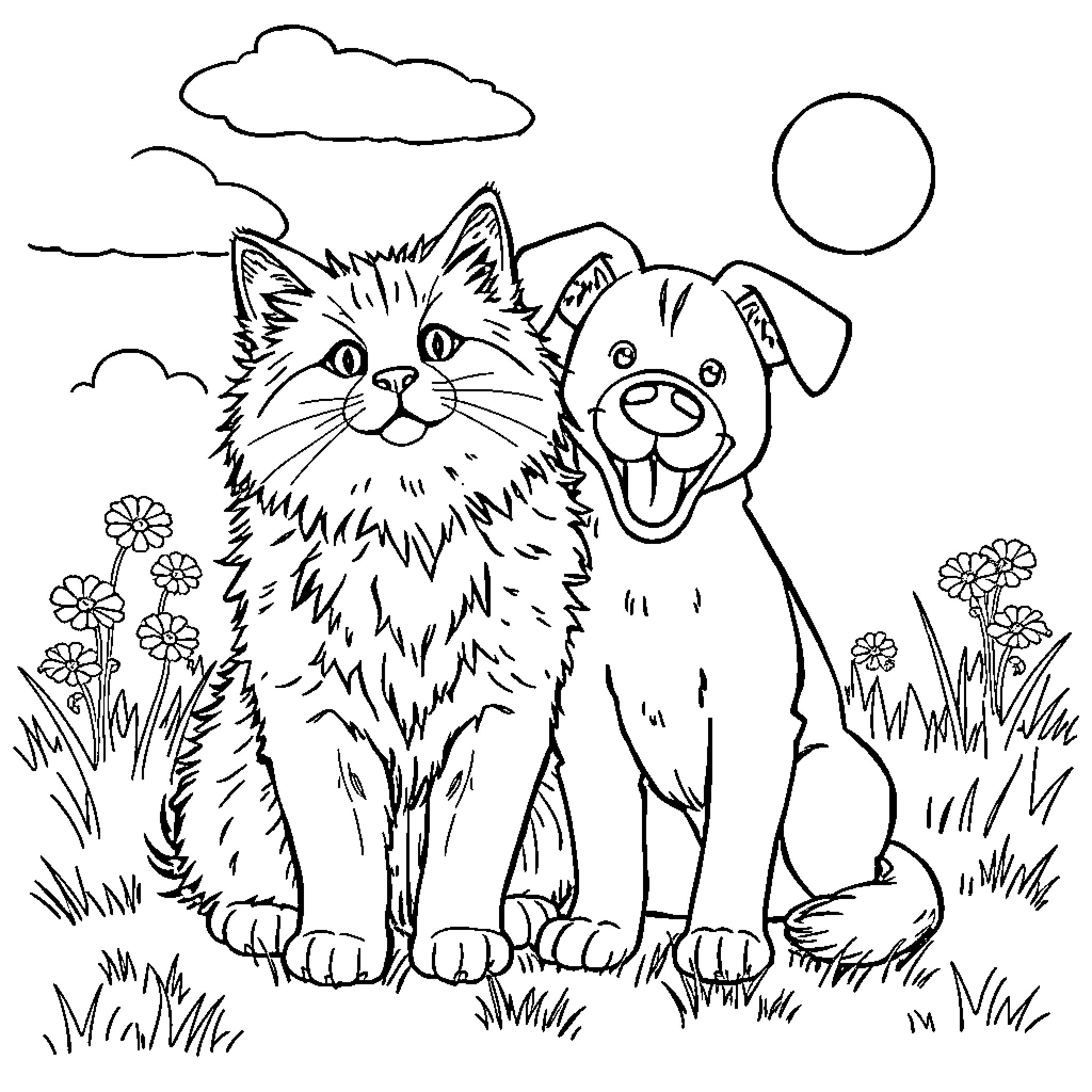 Cat and Dog Playing in the Park Coloring Page (free black-and-white line drawing printable PDF for all, from beginners to advanced learners, including children, teens, adults, and seniors)