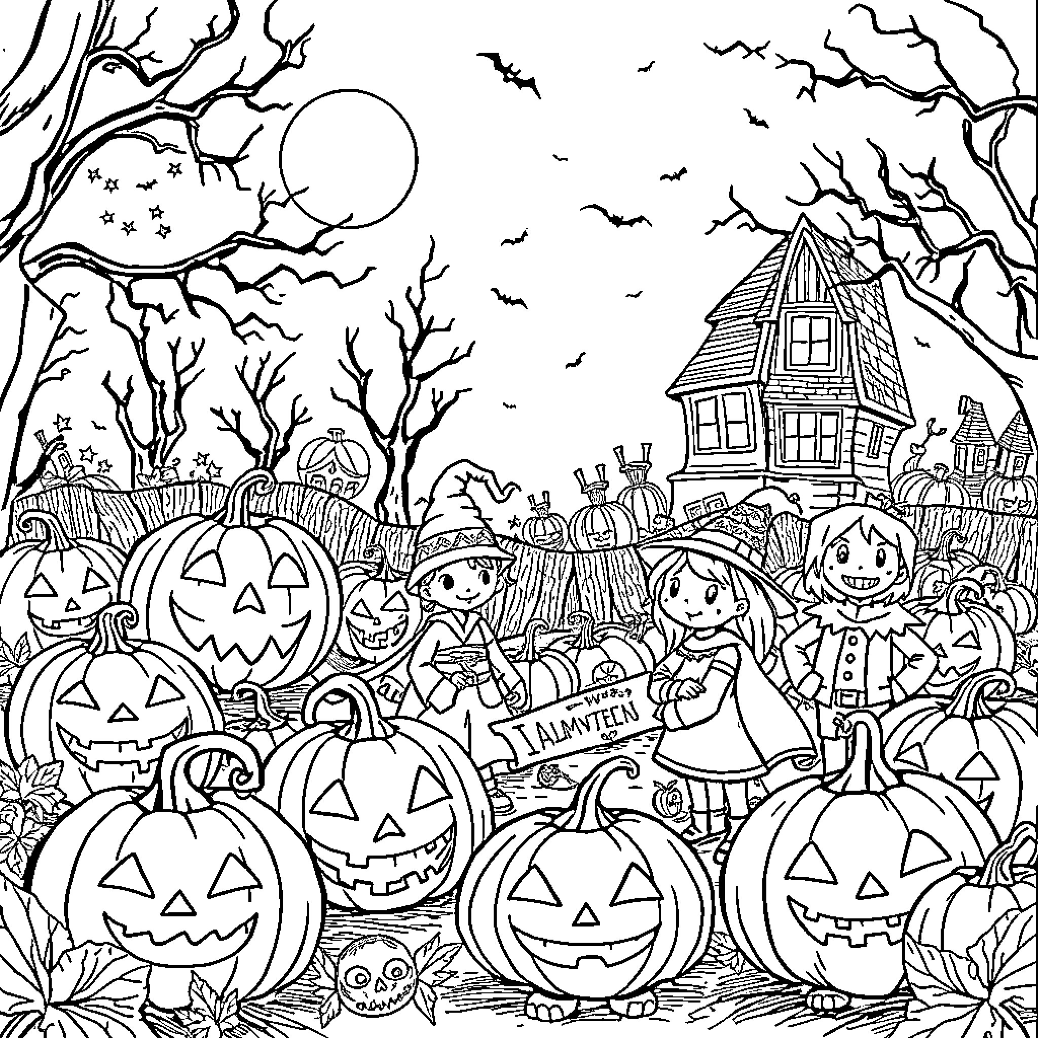 Halloween Night Celebrations with Costumed Characters Coloring Page (free black-and-white line drawing printable PDF for all, from beginners to advanced learners, including children, teens, adults, and seniors)