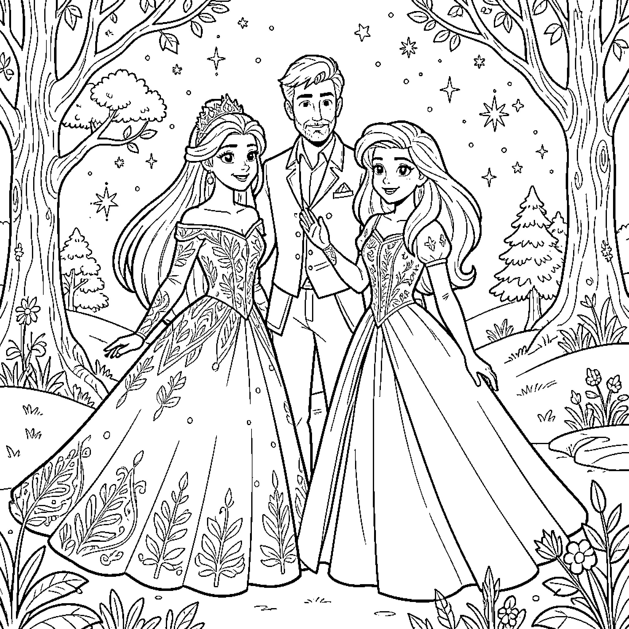 Princesses posing with a gentleman in a forest Coloring Page (free black-and-white line drawing printable PDF for all, from beginners to advanced learners, including children, teens, adults, and seniors)