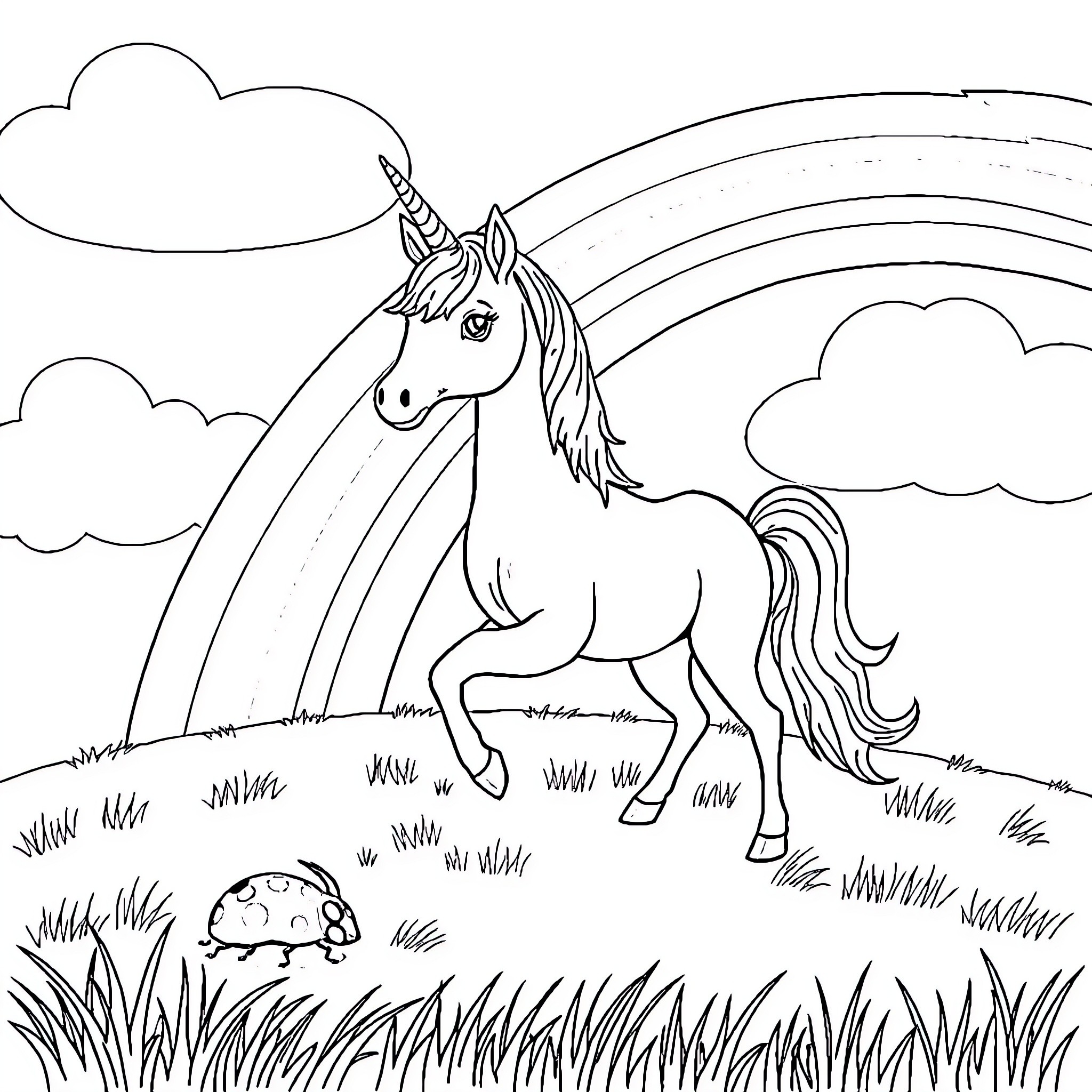 Unicorn prancing through a whimsical landscape Coloring Page (free black-and-white line drawing printable PDF for all, from beginners to advanced learners, including children, teens, adults, and seniors)