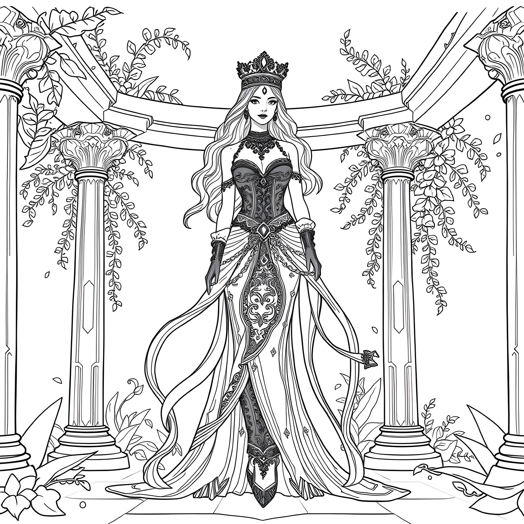 Vagija: Elegant Princess in Majestic Attire Coloring Page (free black-and-white line drawing printable PDF for all, from beginners to advanced learners, including children, teens, adults, and seniors)