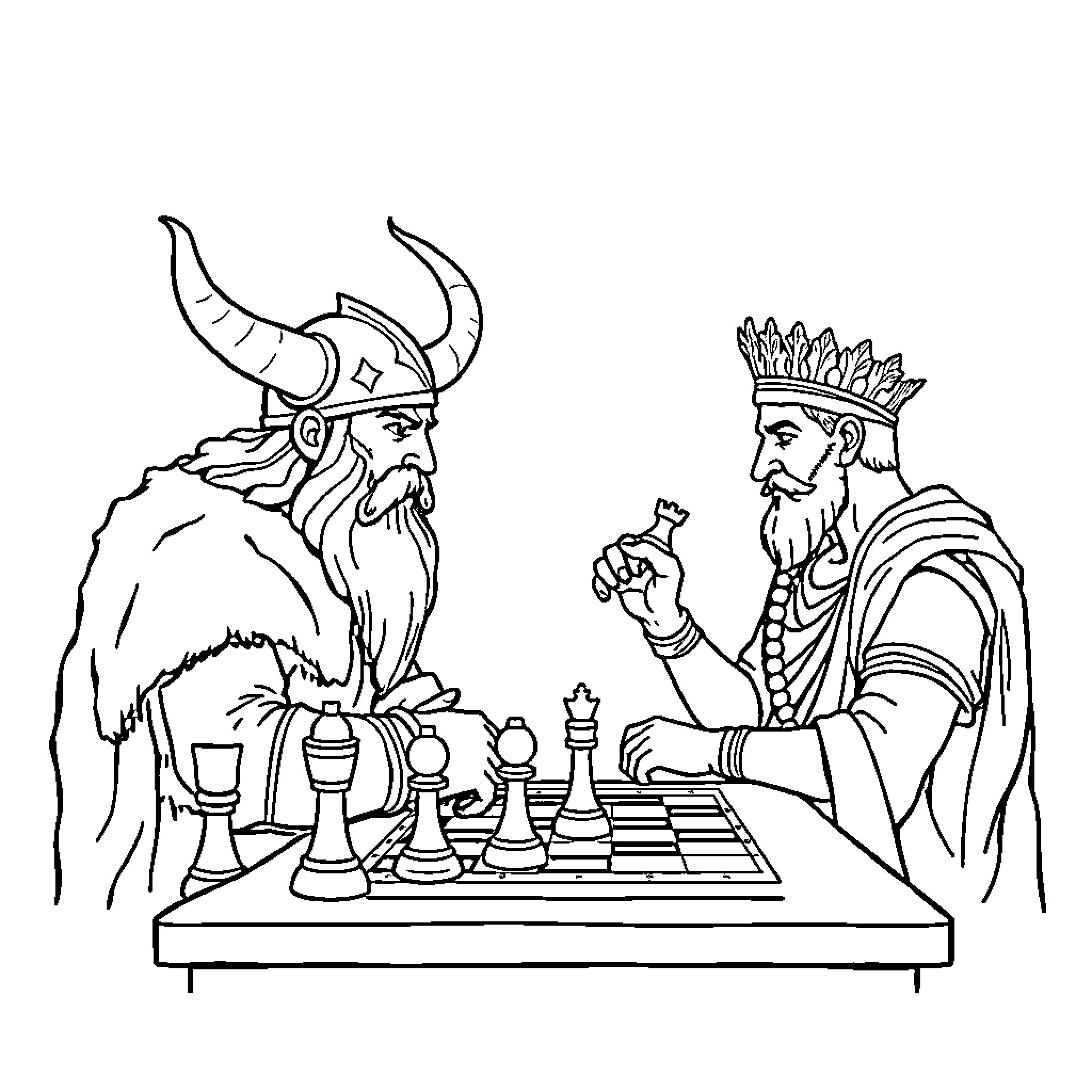 Viking warriors engaged in a chess match Coloring Page (free black-and-white line drawing printable PDF for all, from beginners to advanced learners, including children, teens, adults, and seniors)