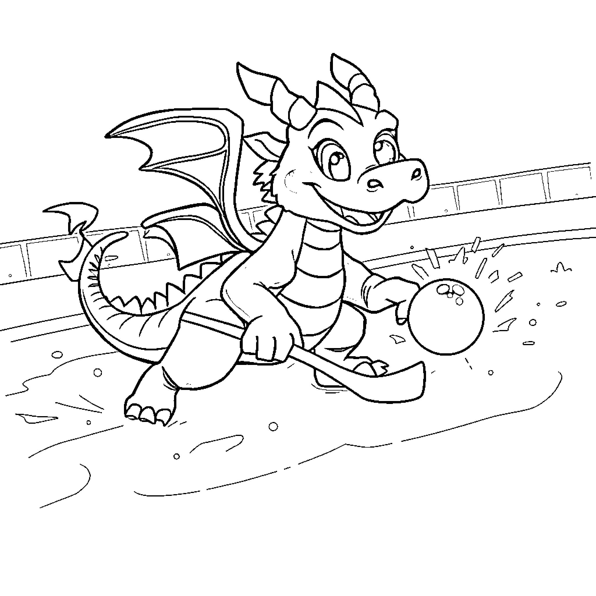 Dragon Enjoying a Playful Romp Coloring Page (free black-and-white line drawing printable PDF for all, from beginners to advanced learners, including children, teens, adults, and seniors)