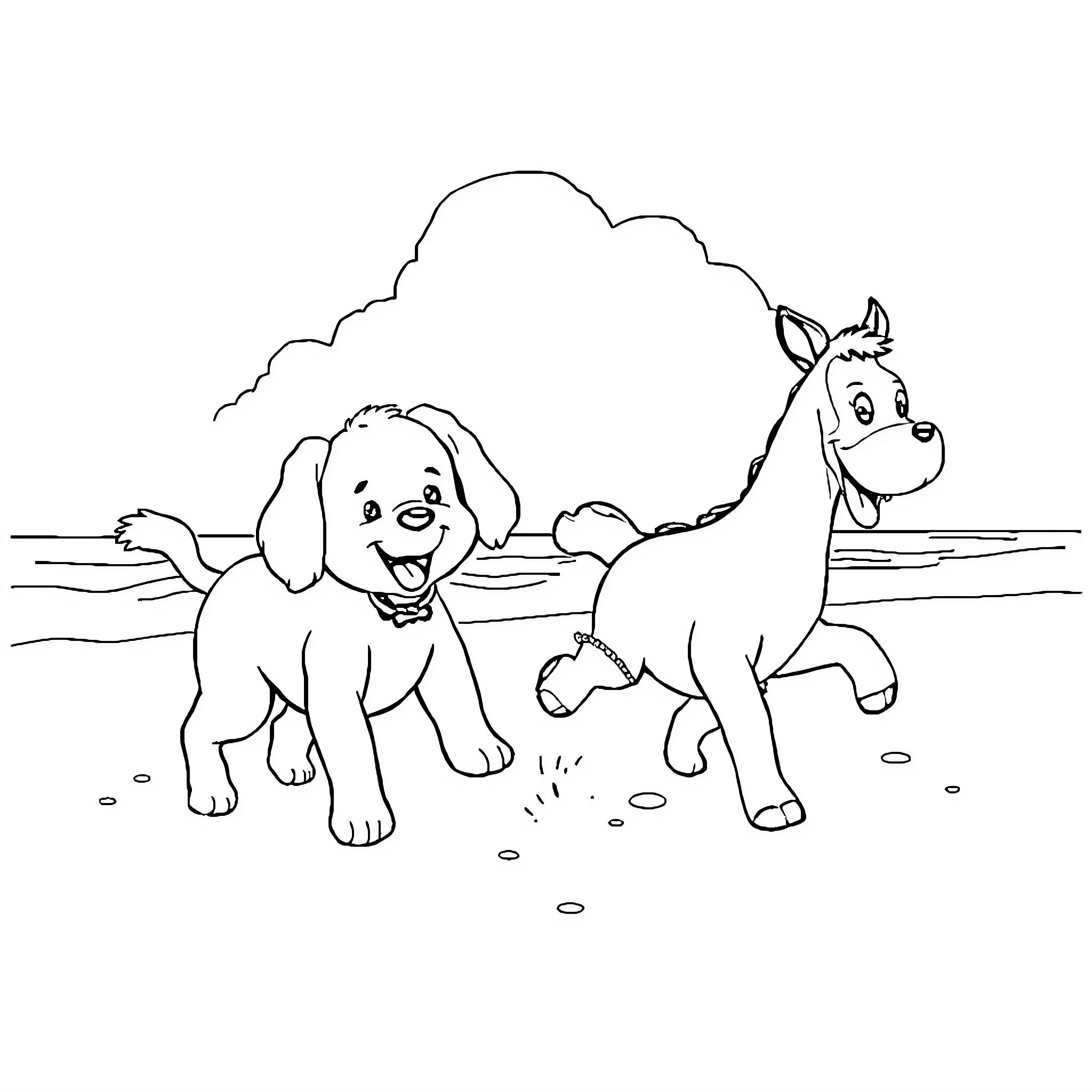 Bassie en Adriaan playing happily outdoors Coloring Page (free black-and-white line drawing printable PDF for all, from beginners to advanced learners, including children, teens, adults, and seniors)