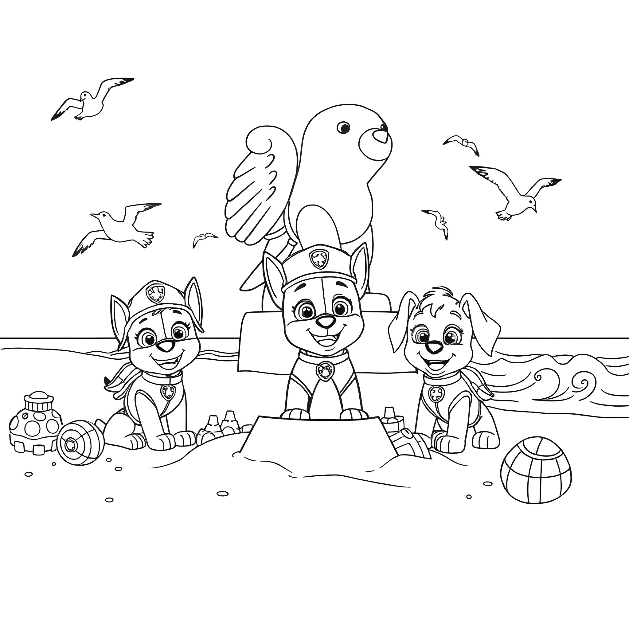 Paw Patrol characters playing on the beach Coloring Page (free black-and-white line drawing printable PDF for all, from beginners to advanced learners, including children, teens, adults, and seniors)