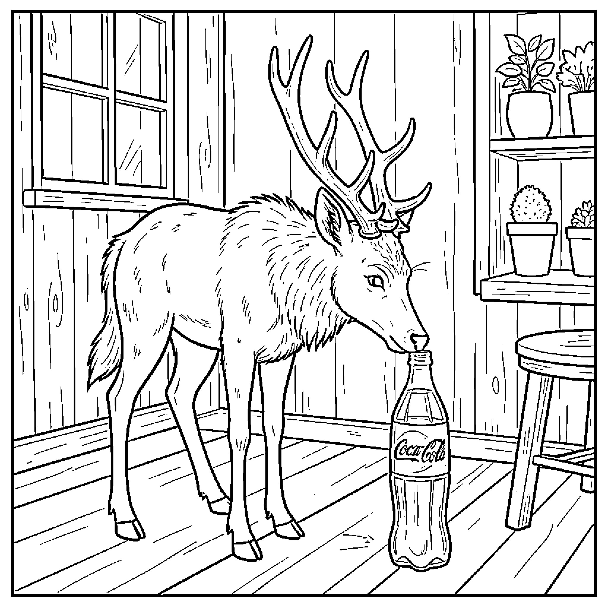 Cerf sniffing a bottle in a room Coloring Page (free black-and-white line drawing printable PDF for all, from beginners to advanced learners, including children, teens, adults, and seniors)
