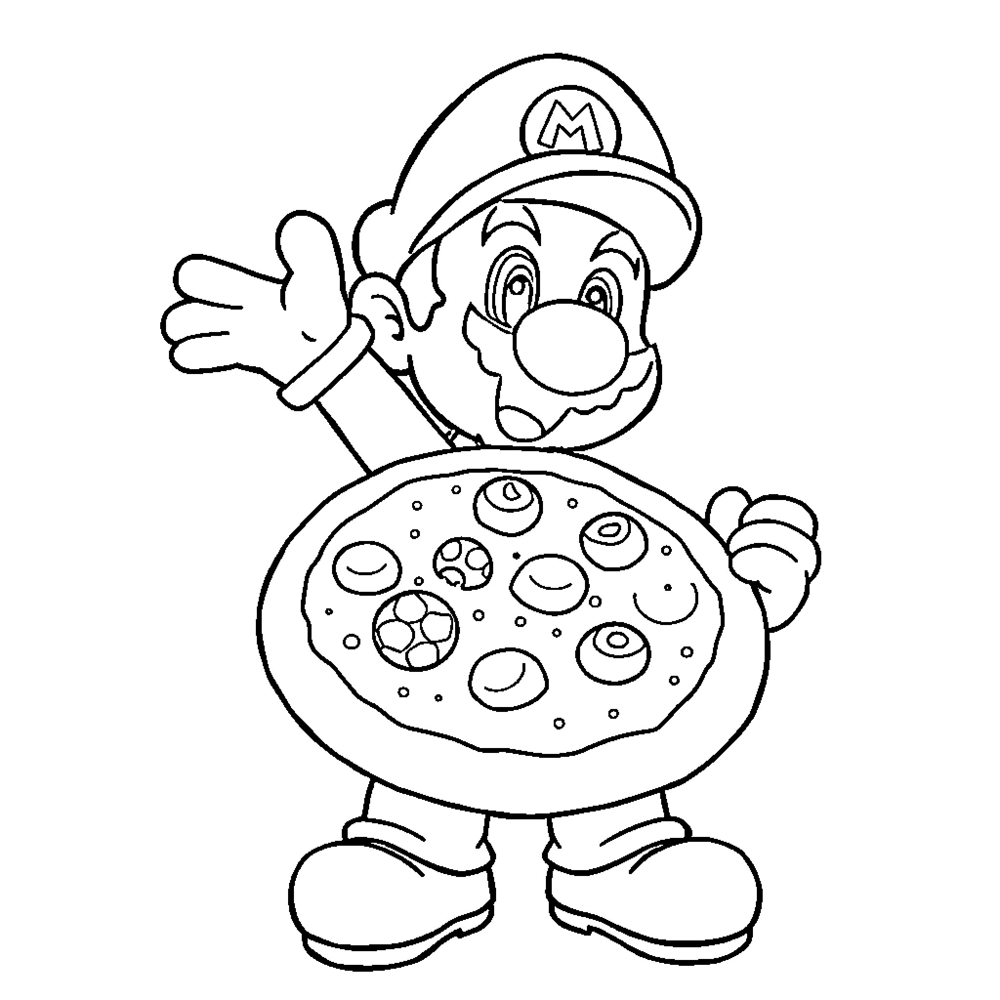 Super Mario's Silly Pizza Adventure Coloring Page (free black-and-white line drawing printable PDF for all, from beginners to advanced learners, including children, teens, adults, and seniors)